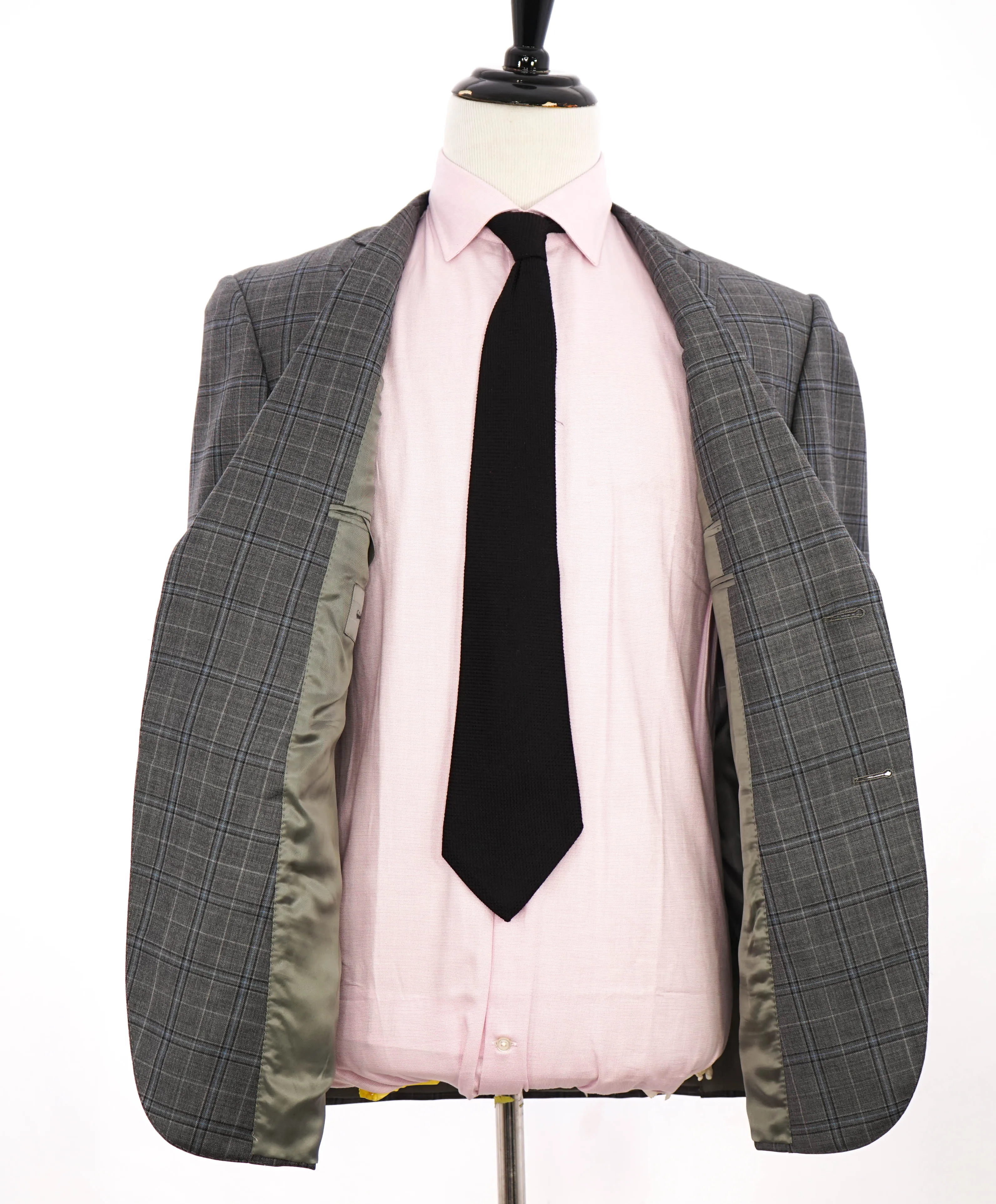 $1,595 CORNELIANI - Gray Teal Check Plaid Notch Lapel Blazer - 42R