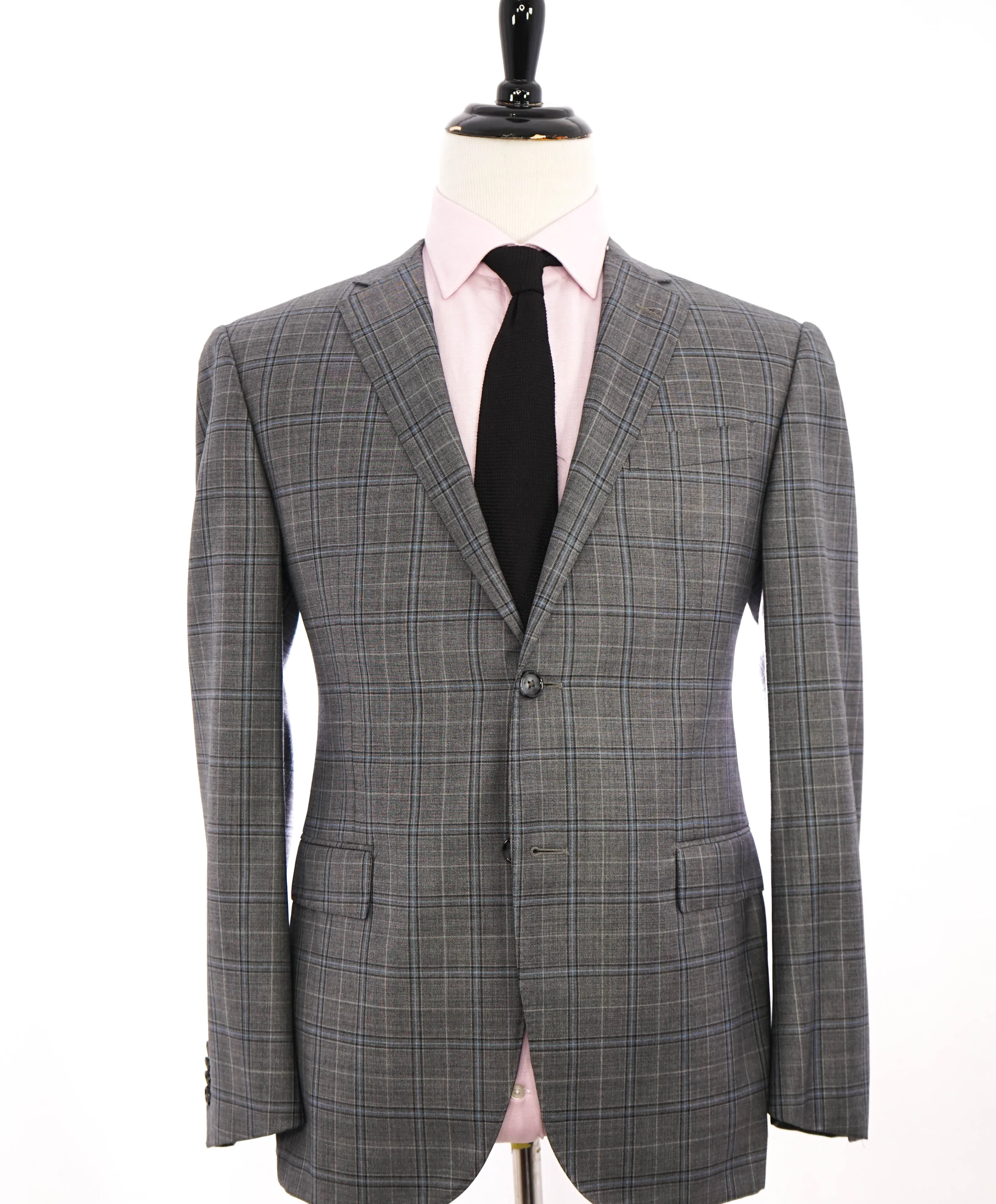 $1,595 CORNELIANI - Gray Teal Check Plaid Notch Lapel Blazer - 42R