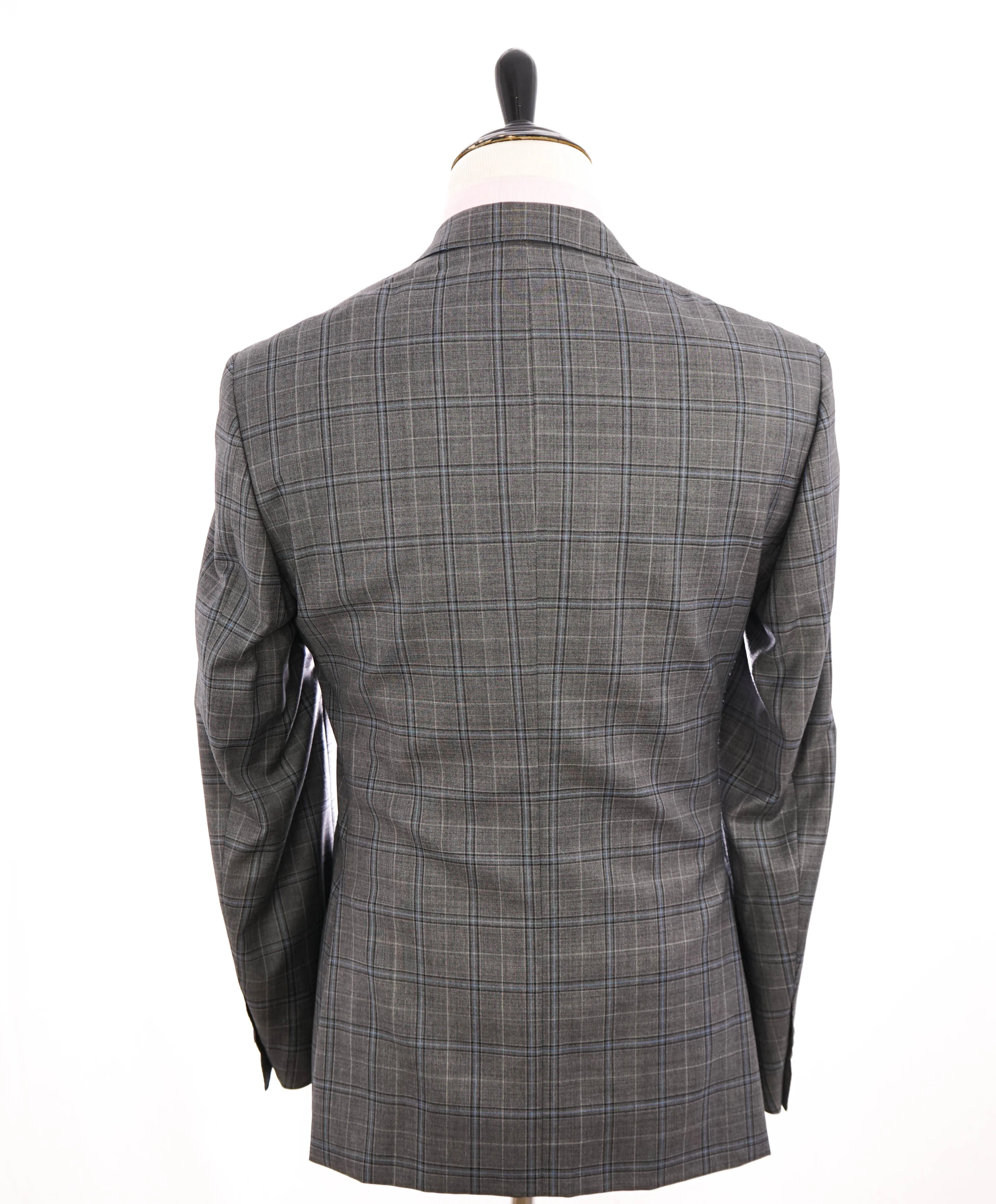 $1,595 CORNELIANI - Gray Teal Check Plaid Notch Lapel Blazer - 42R