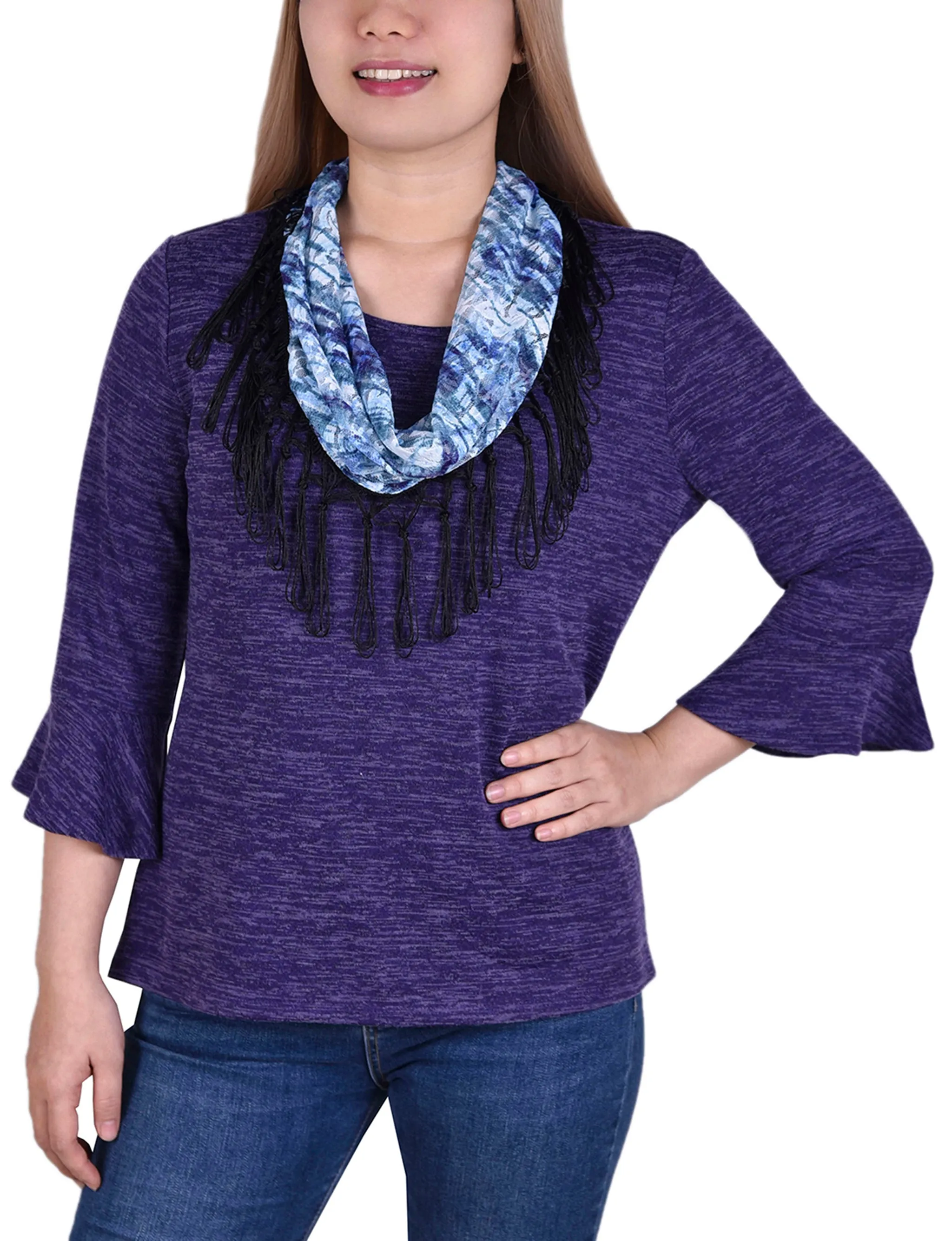 3/4 Sleeve Top With Detachable Fringed Scarf