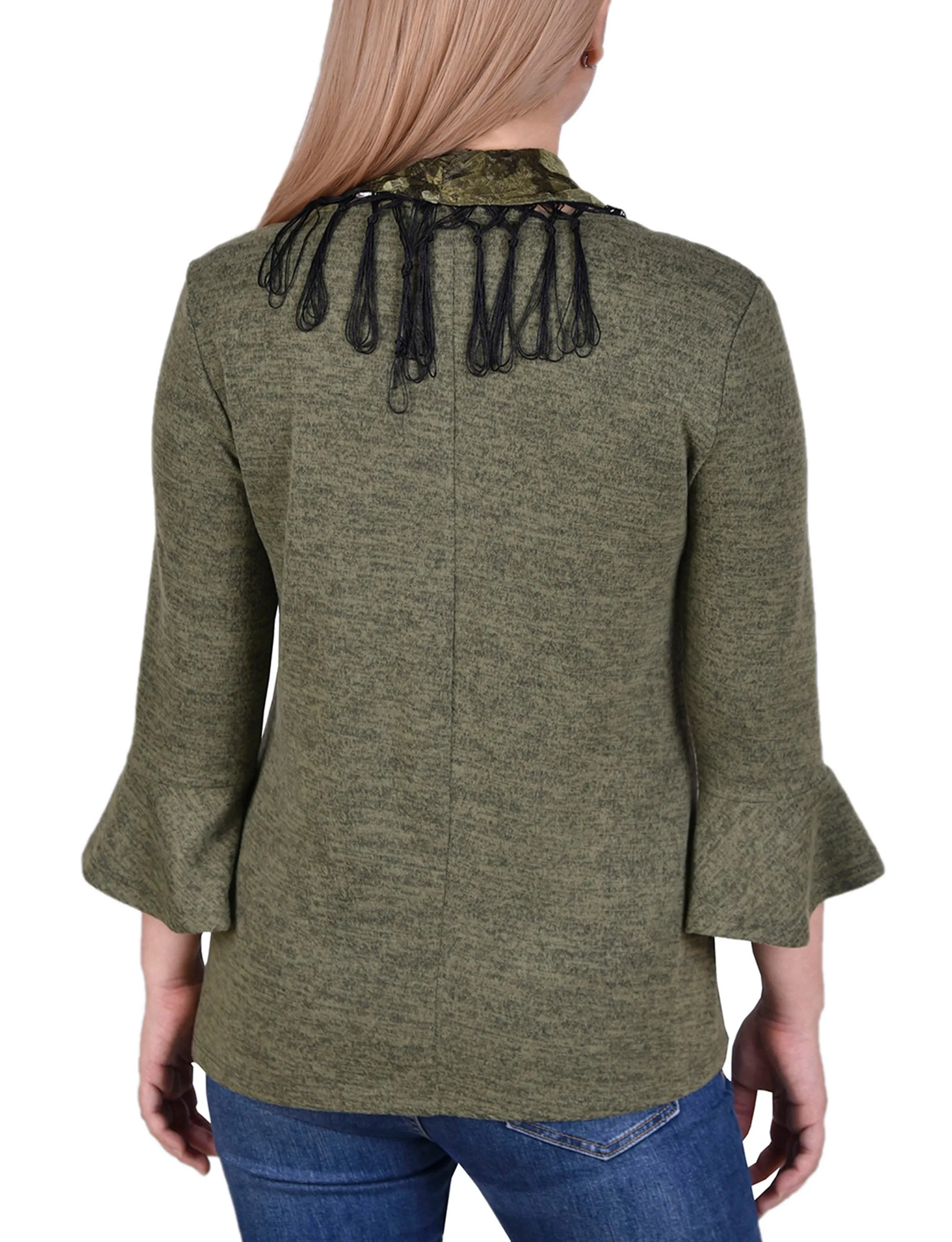 3/4 Sleeve Top With Detachable Fringed Scarf