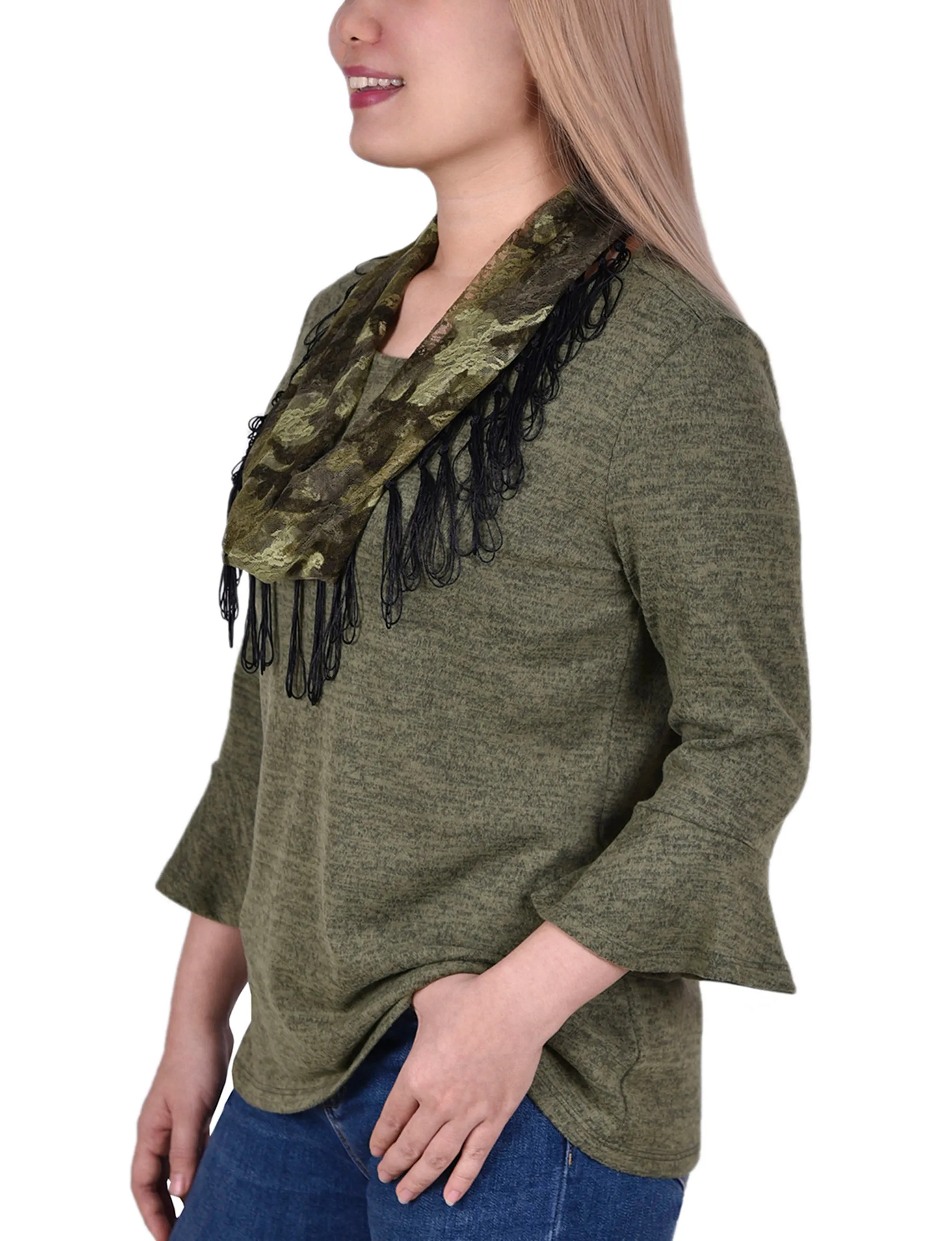 3/4 Sleeve Top With Detachable Fringed Scarf