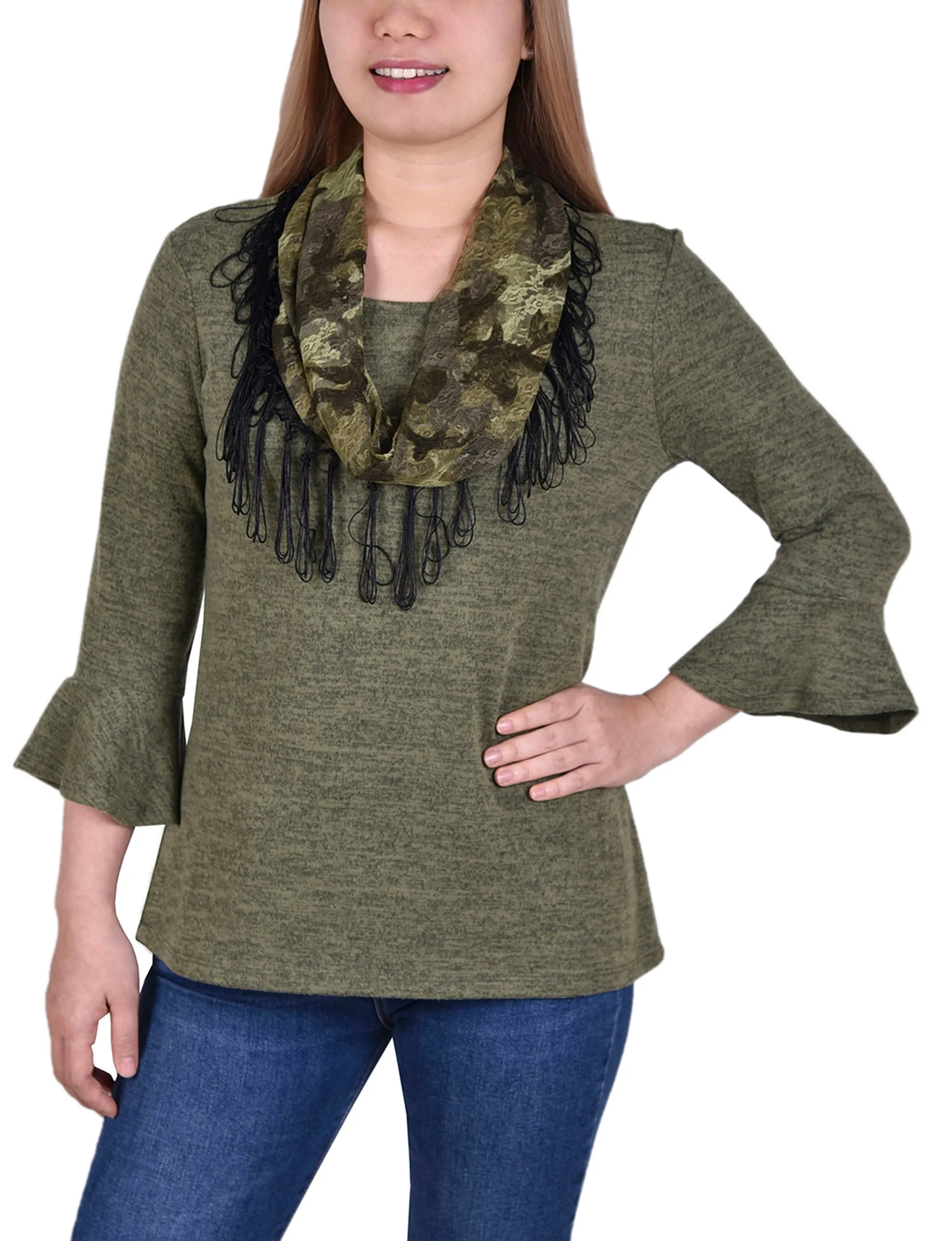 3/4 Sleeve Top With Detachable Fringed Scarf