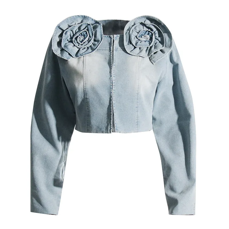 3D Flower Decor Denim Jacket