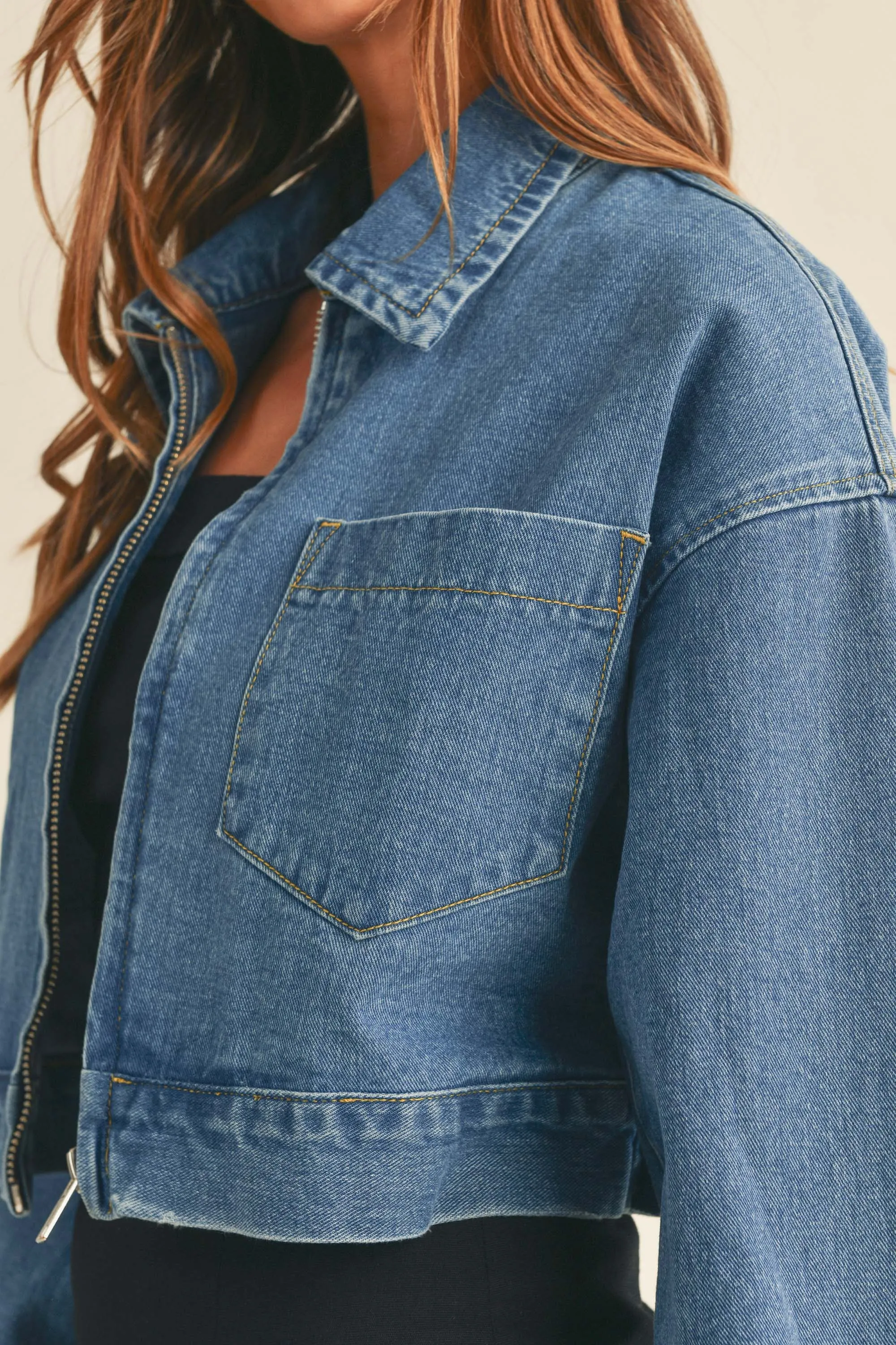 ABBEY FRONT ZIP UP DENIM CROPPED JACKET