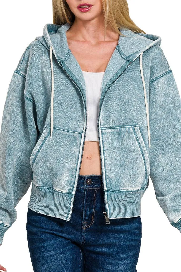 Acid Wash Fleece Cropped Zip-up Hoodie and Sweat Pant Set