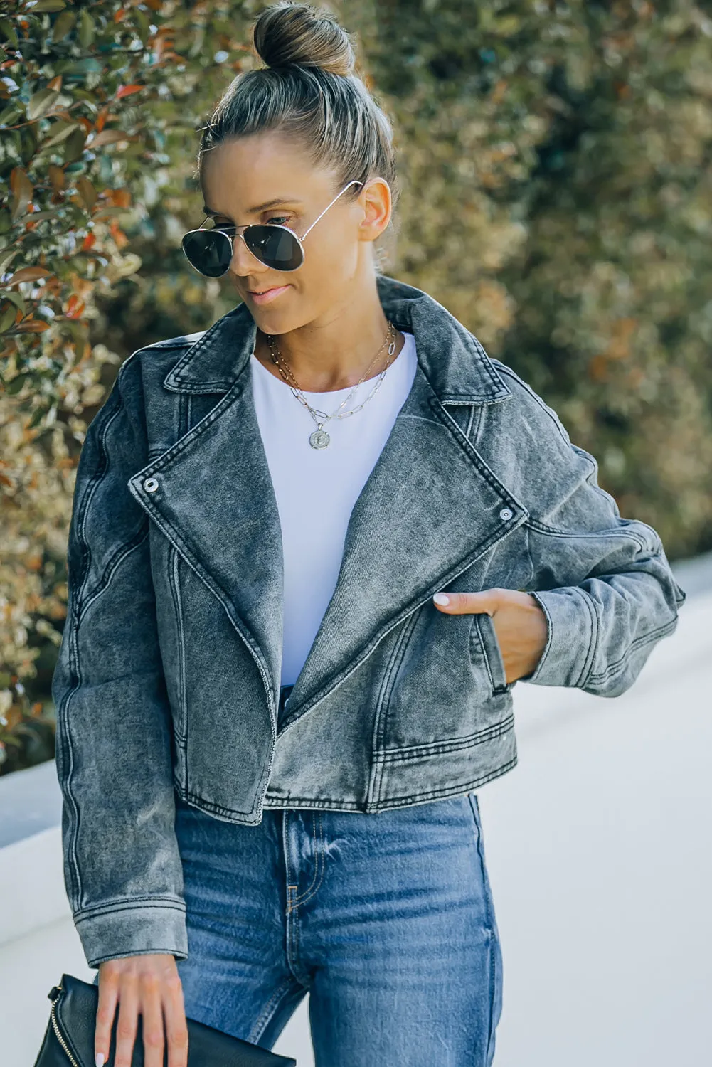 Acid Wash Lapel Collar Cropped Denim Jacket