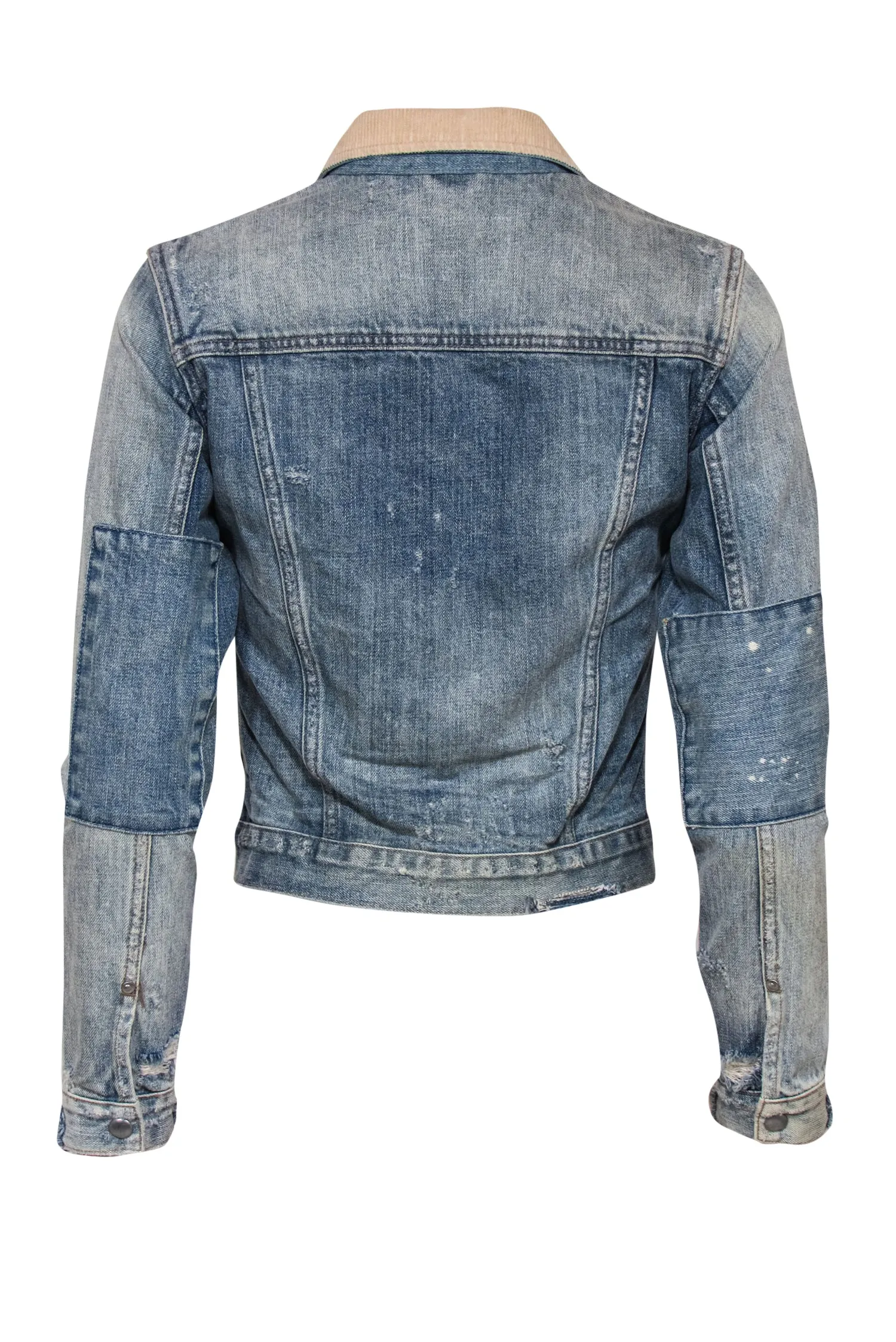 All Saints - Distressed Light Wash Denim Jacket w/ Corduroy Collar Sz XS