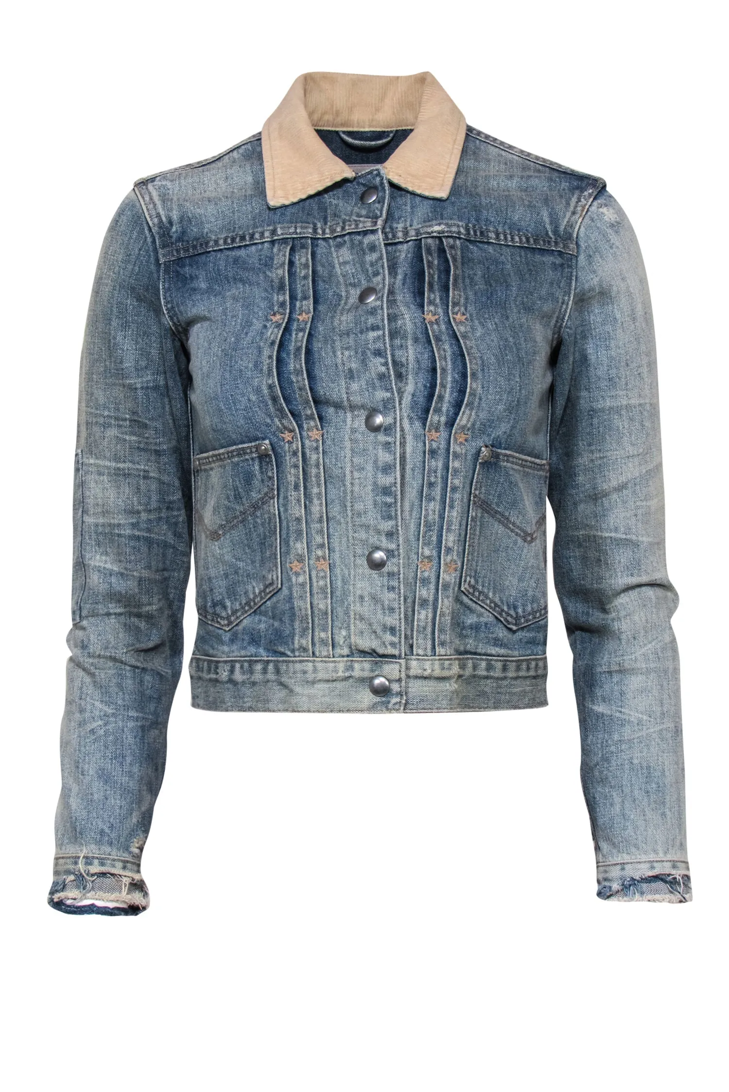 All Saints - Distressed Light Wash Denim Jacket w/ Corduroy Collar Sz XS