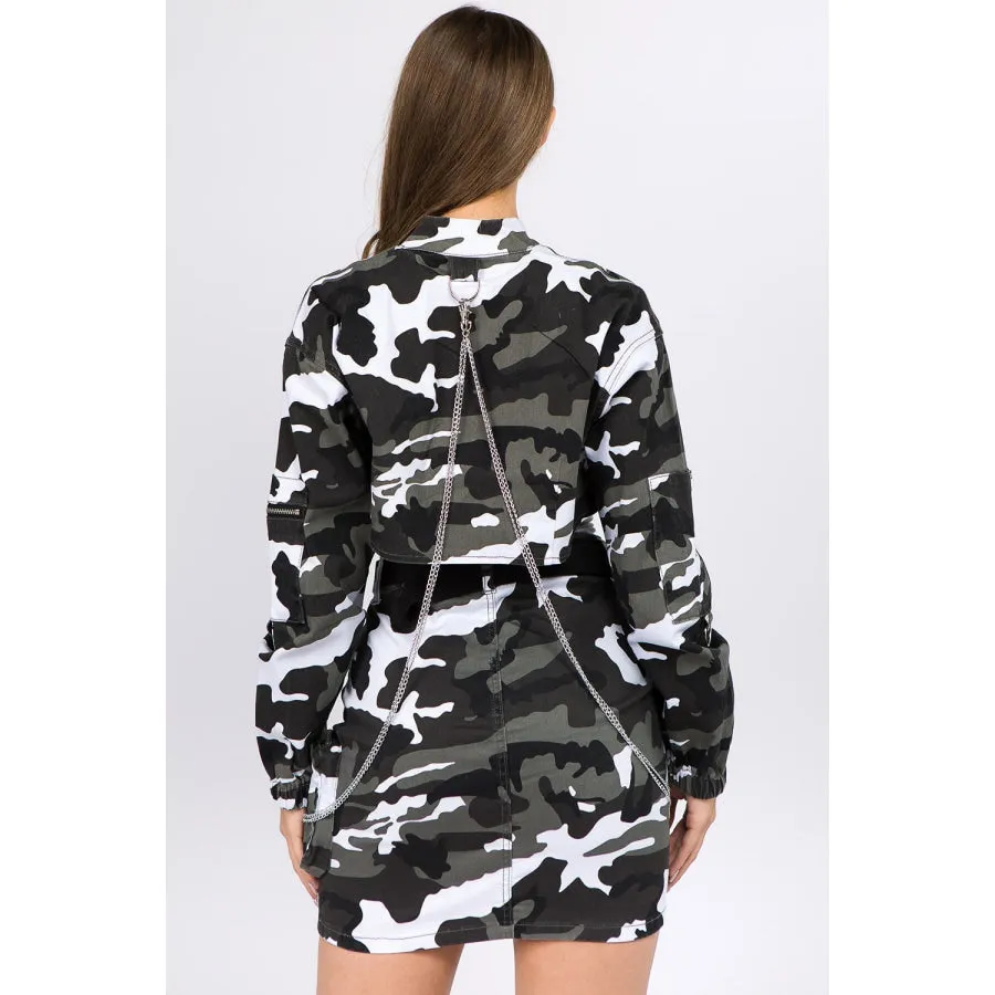 American Bazi Camouflage Cropped Jacket with Chains