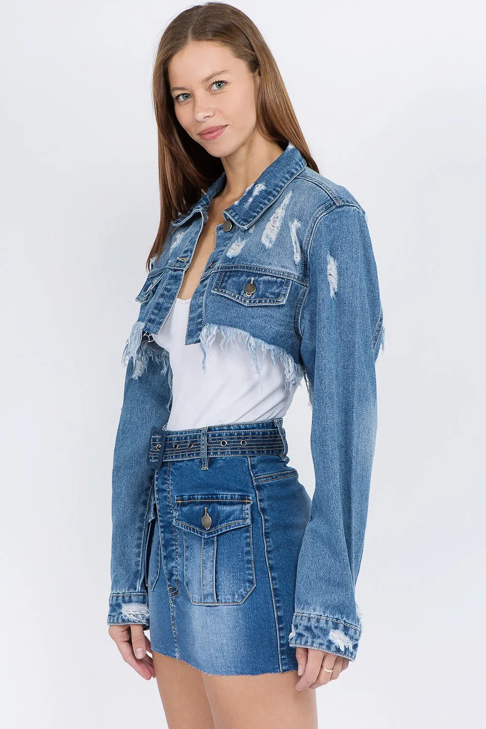 American Bazi Distressed Denim Jacket with Frayed Hem