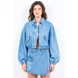 American Bazi Drawstring Waist Crop Denim Jacket