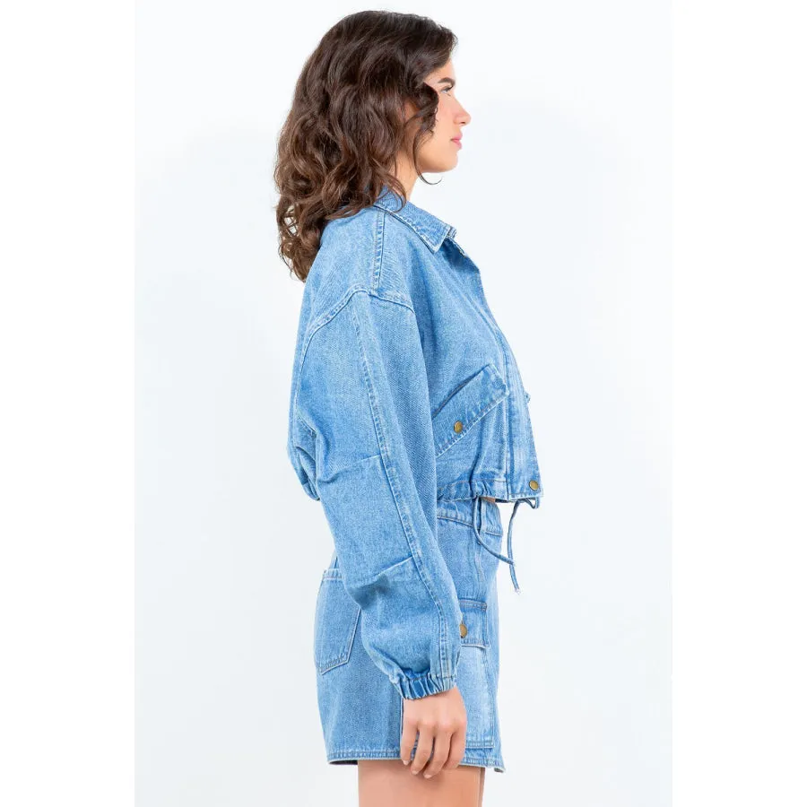 American Bazi Drawstring Waist Crop Denim Jacket