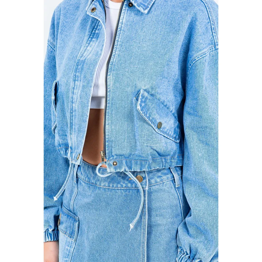 American Bazi Drawstring Waist Crop Denim Jacket