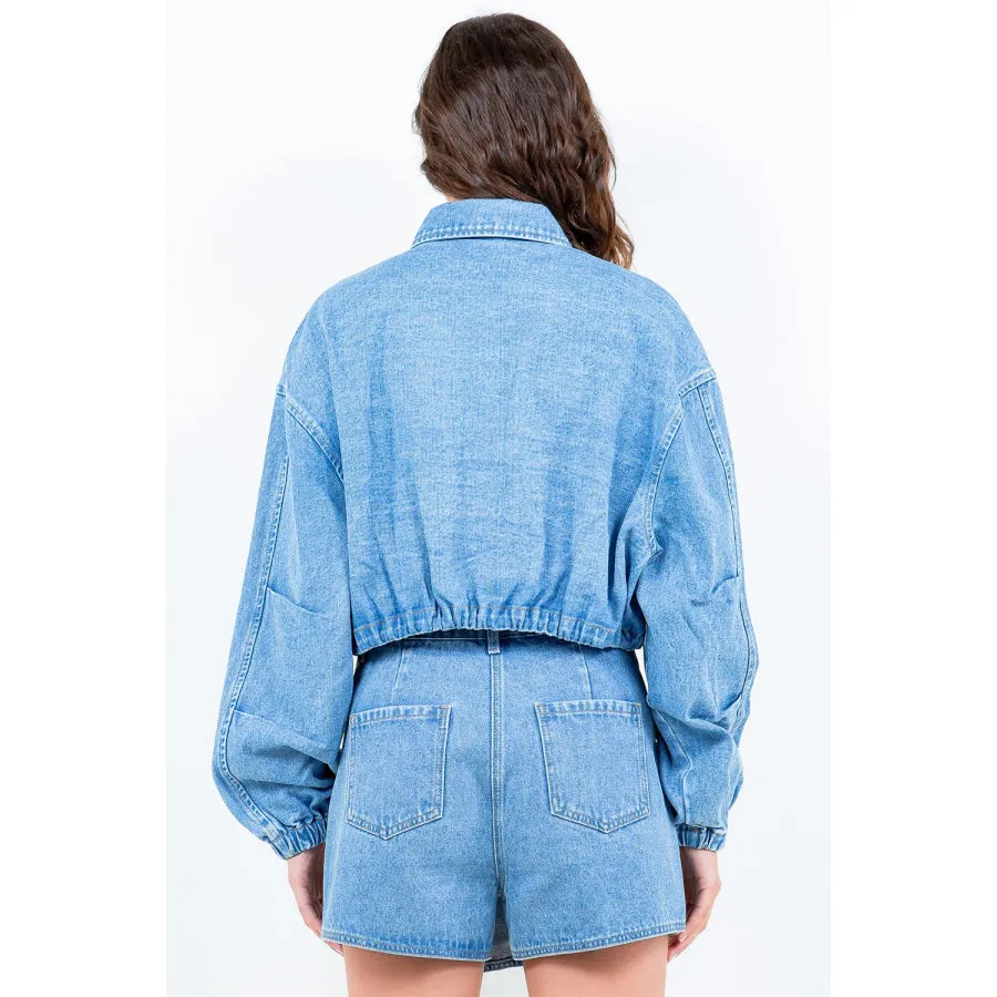 American Bazi Drawstring Waist Crop Denim Jacket