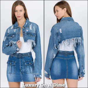 American Bazi Ultra Cropped Distressed Frayed Cut-Off Denim Button-Up Jean Jacket