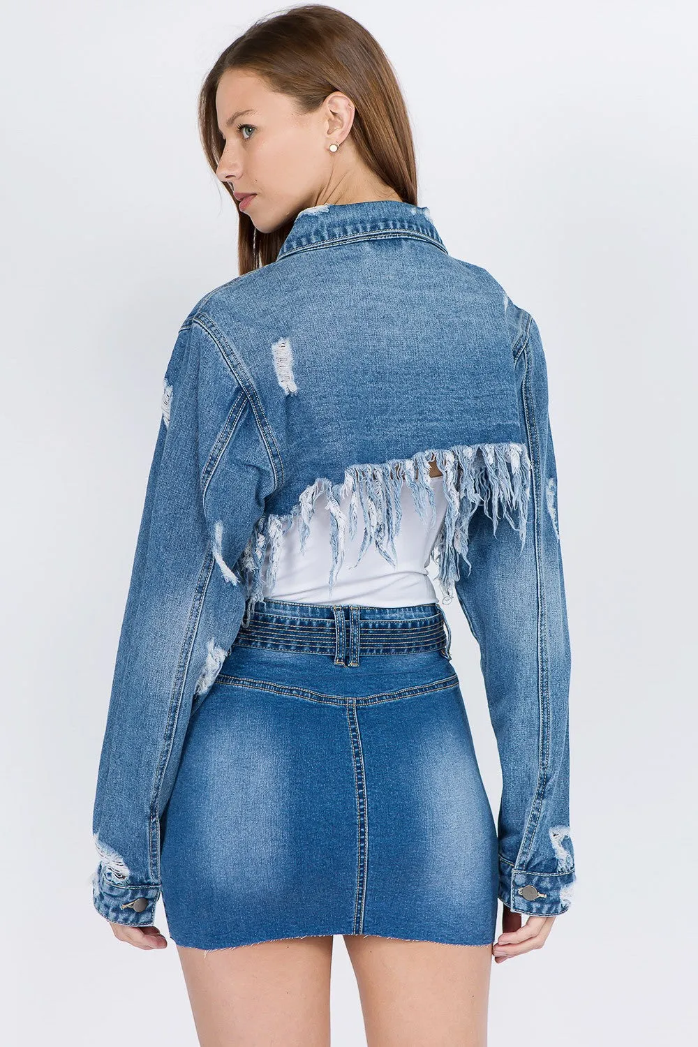 American Bazi Ultra Cropped Distressed Frayed Cut-Off Denim Button-Up Jean Jacket