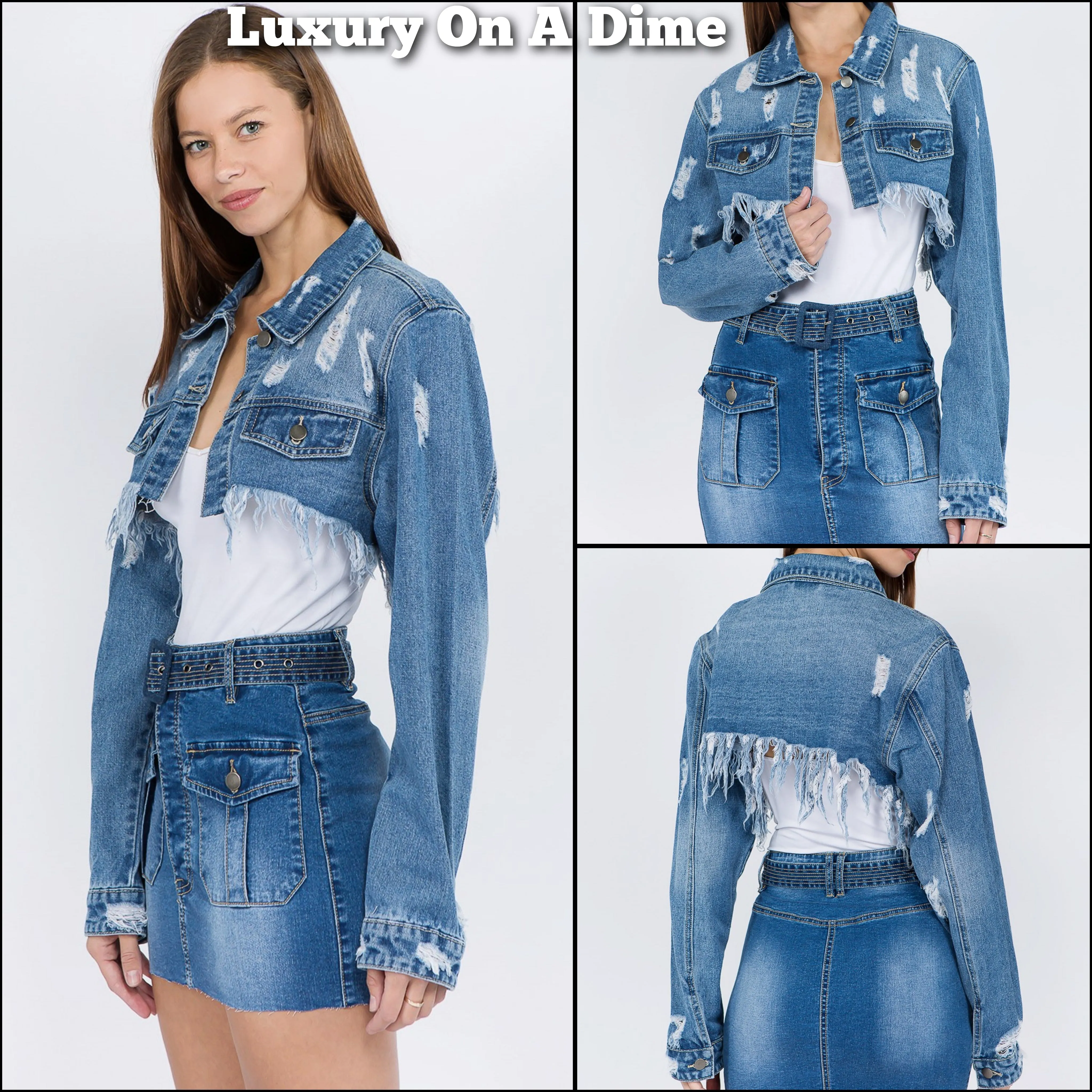 American Bazi Ultra Cropped Distressed Frayed Cut-Off Denim Button-Up Jean Jacket