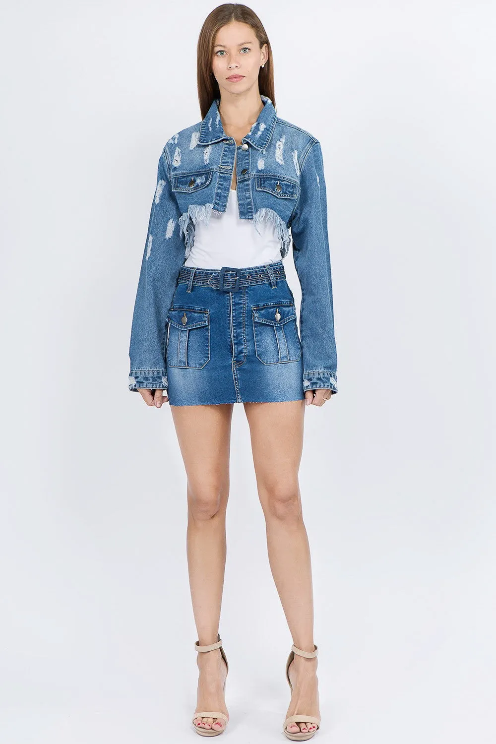 American Bazi Ultra Cropped Distressed Frayed Cut-Off Denim Button-Up Jean Jacket