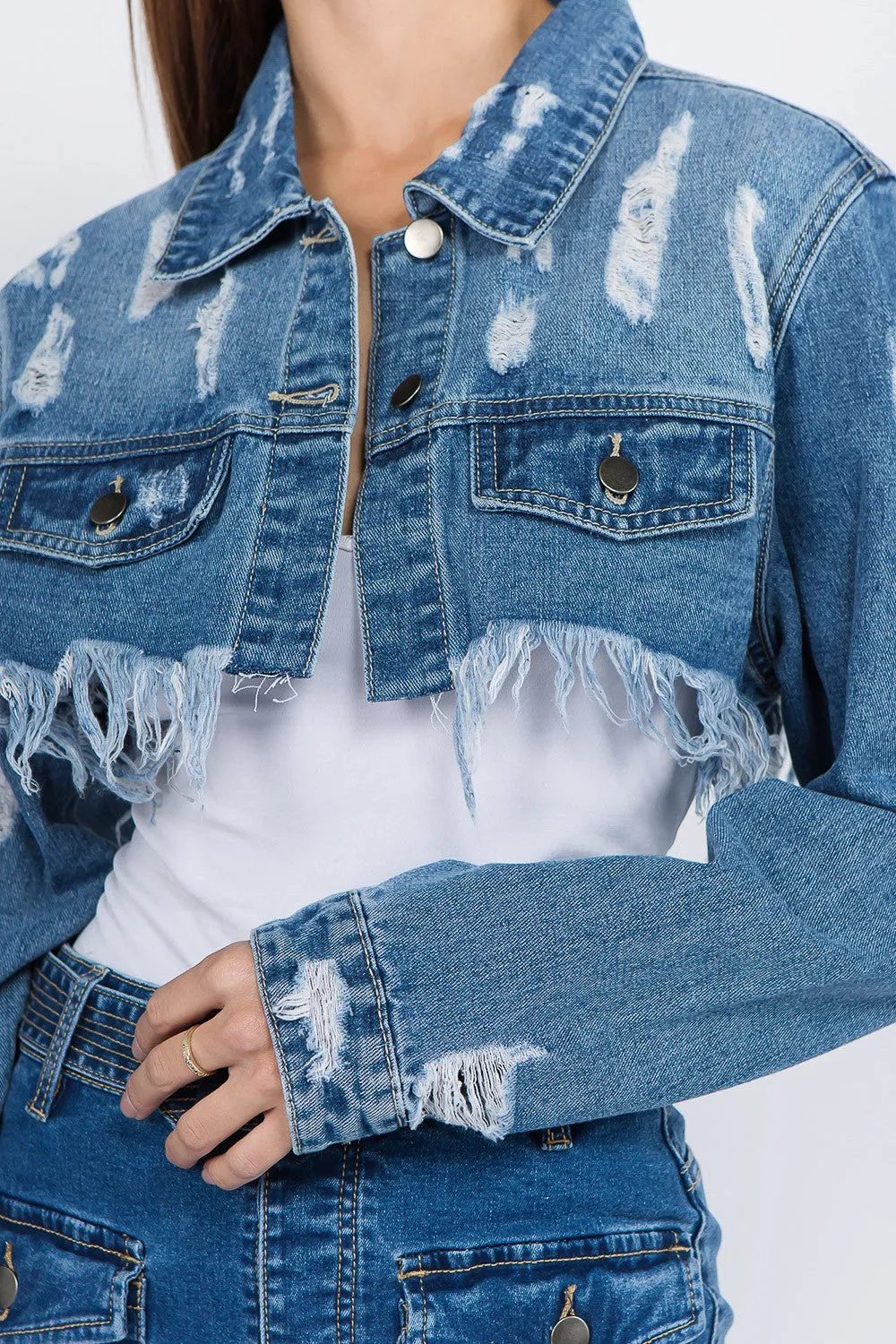 American Bazi Ultra Cropped Distressed Frayed Cut-Off Denim Button-Up Jean Jacket