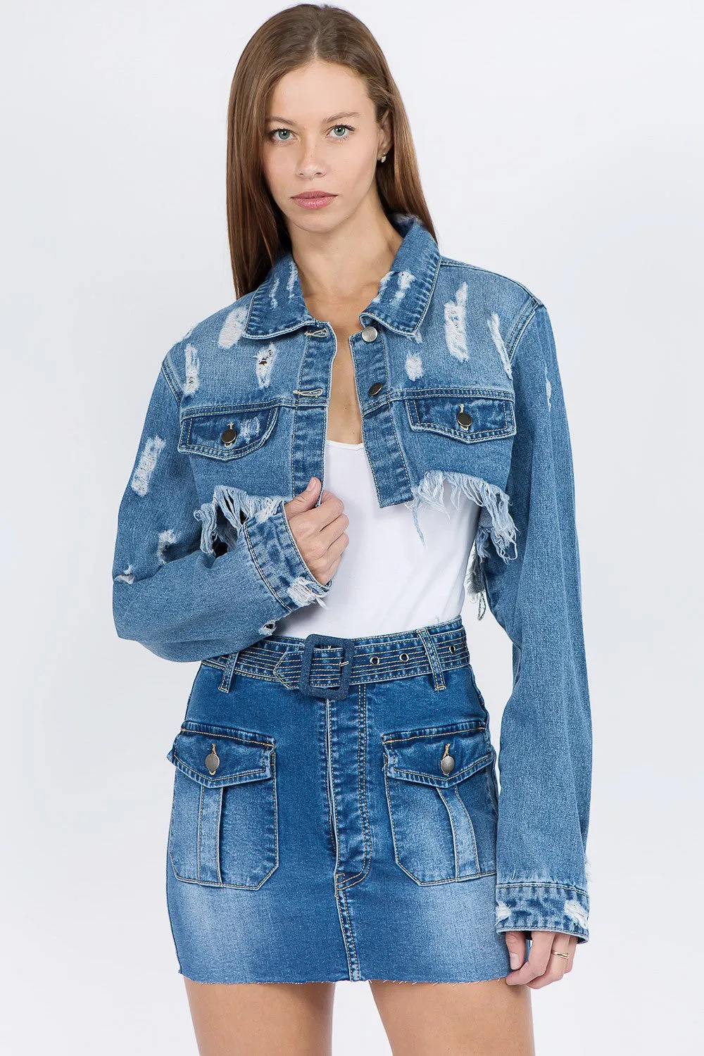 American Bazi Ultra Cropped Distressed Frayed Cut-Off Denim Button-Up Jean Jacket