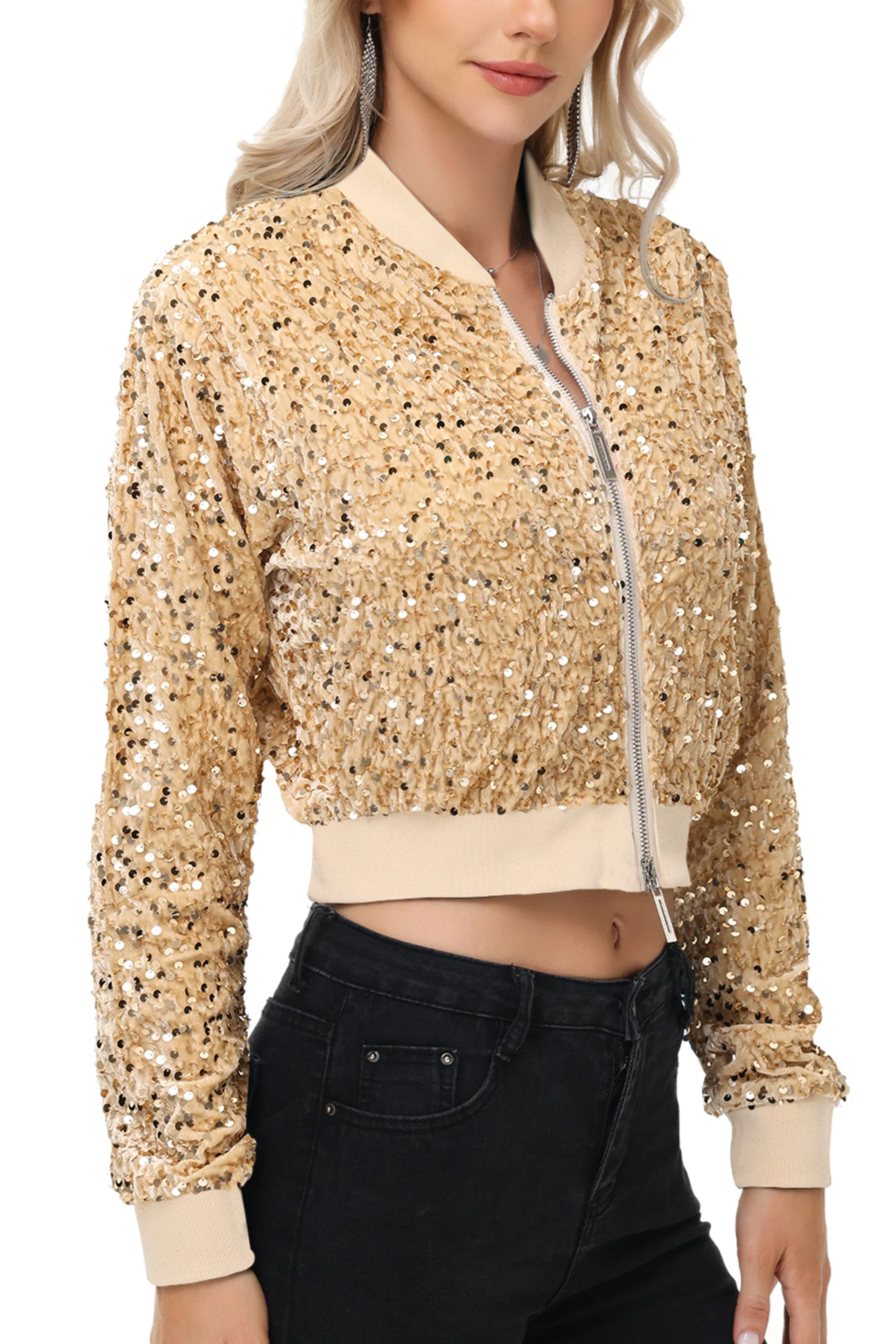 Anna-Kaci Women's Sparkly Sequin Jacket Cropped Two-Way-Zipper Glitter Party Club Bomber Jacket