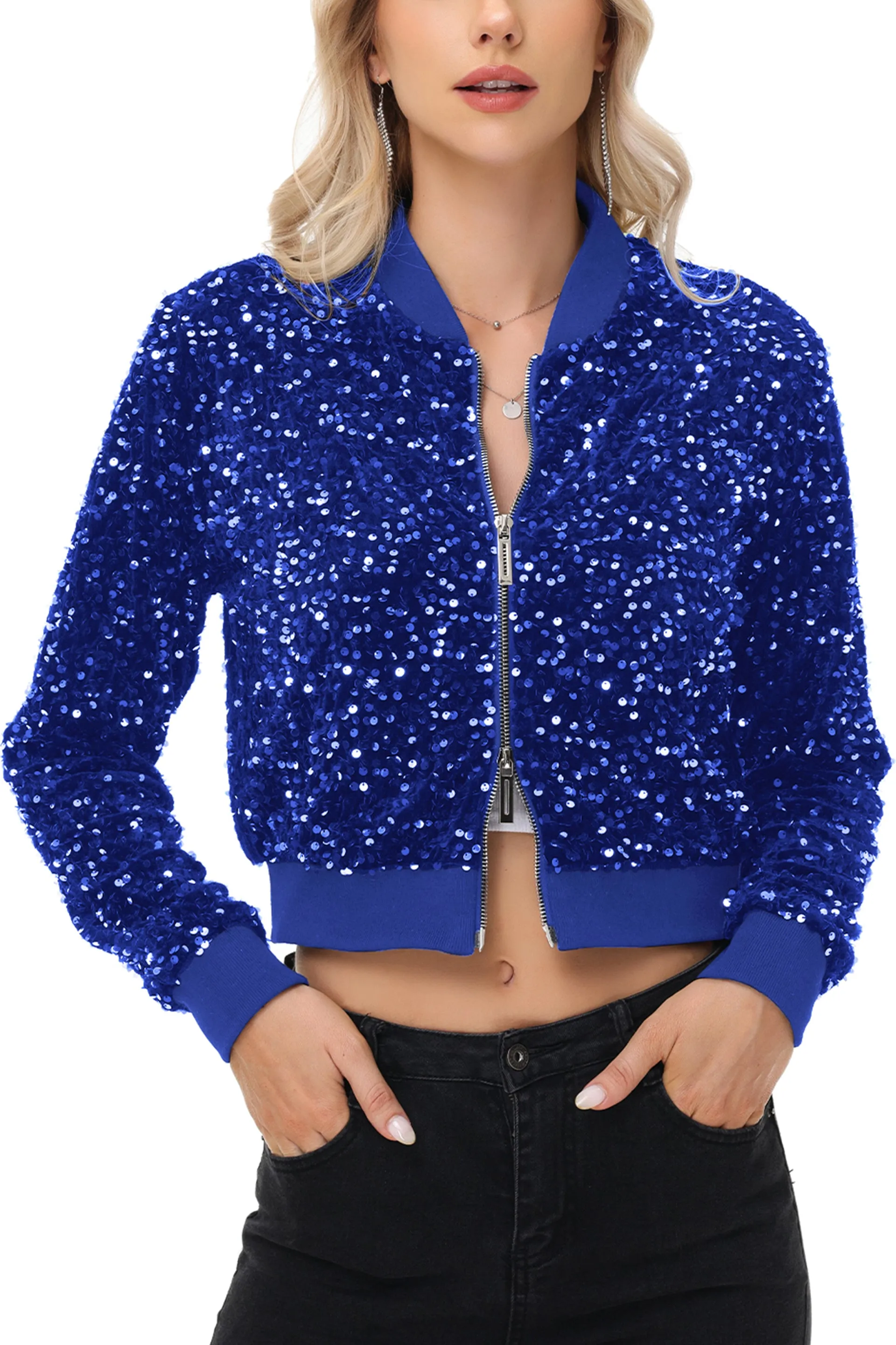 Anna-Kaci Women's Sparkly Sequin Jacket Cropped Two-Way-Zipper Glitter Party Club Bomber Jacket