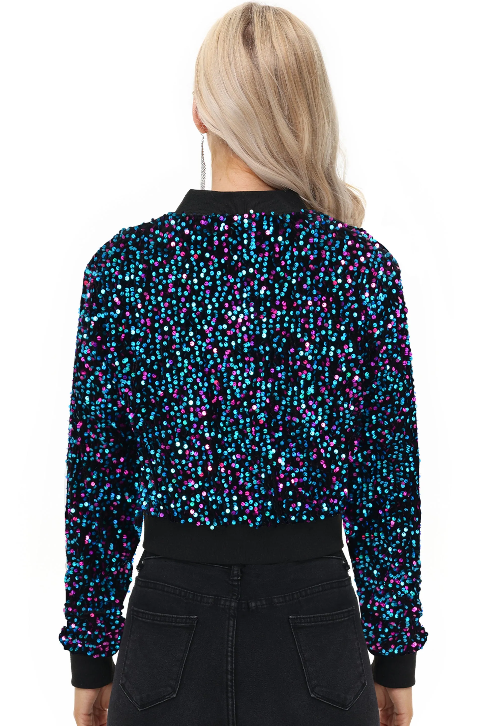 Anna-Kaci Women's Sparkly Sequin Jacket Cropped Two-Way-Zipper Glitter Party Club Bomber Jacket