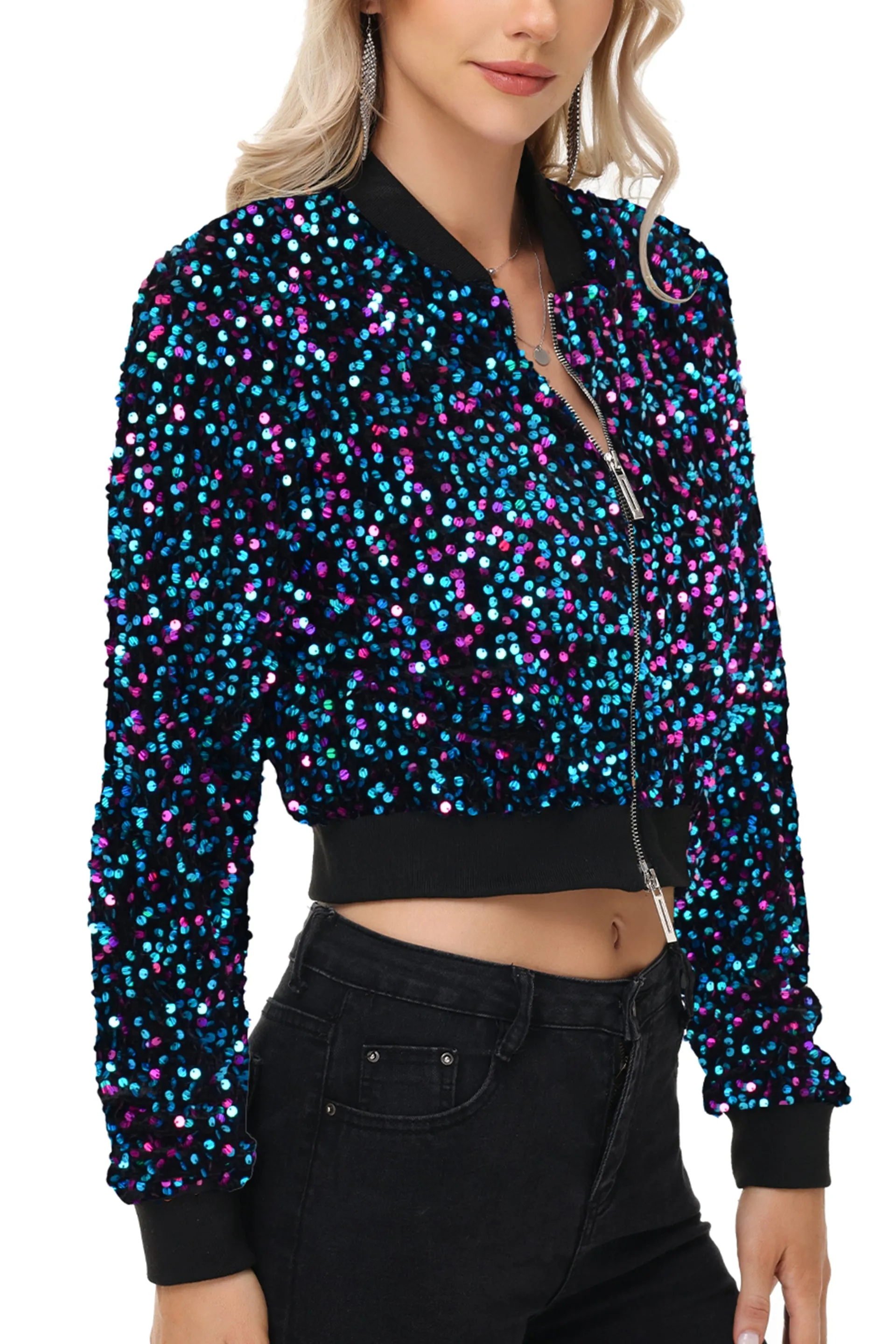 Anna-Kaci Women's Sparkly Sequin Jacket Cropped Two-Way-Zipper Glitter Party Club Bomber Jacket