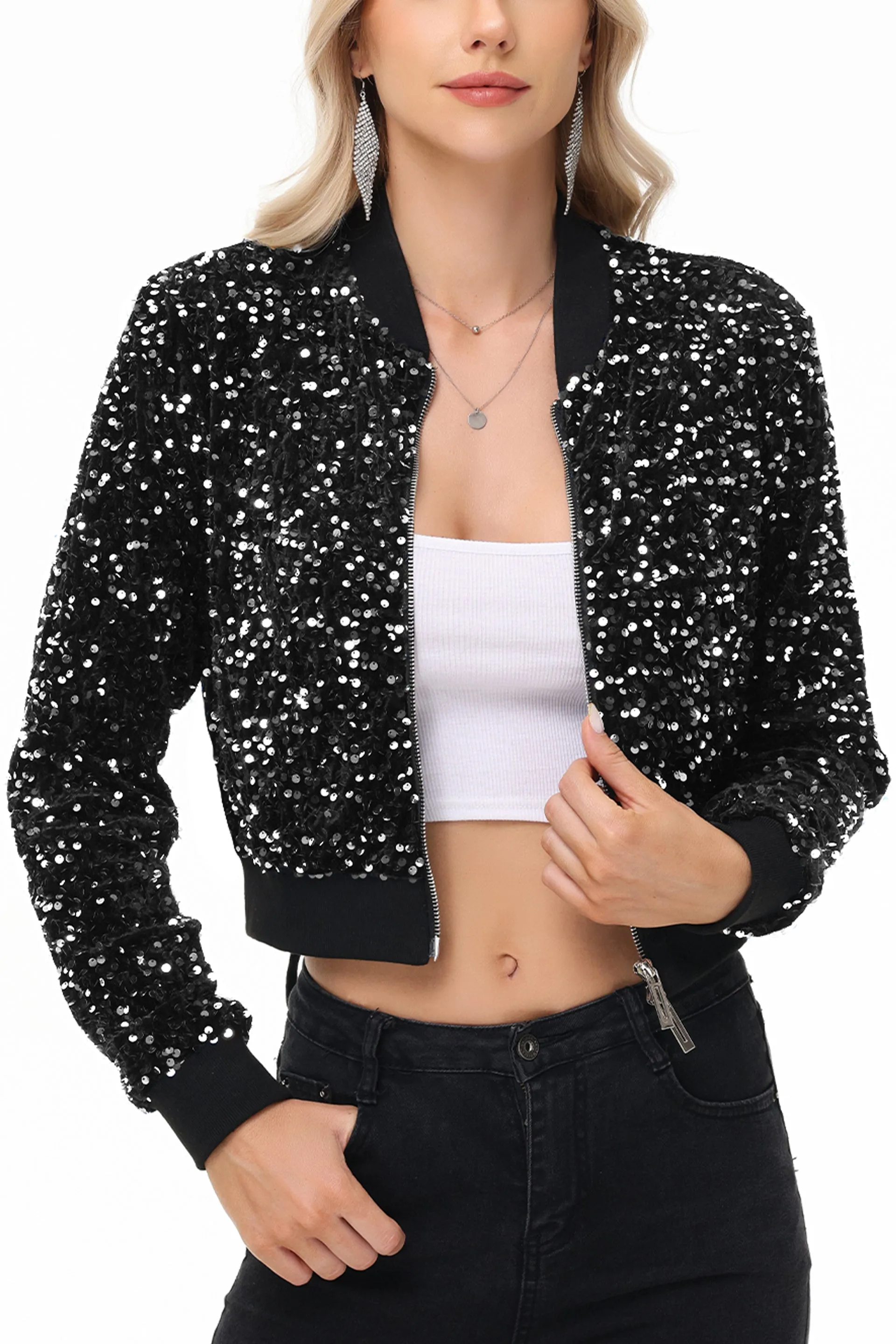 Anna-Kaci Women's Sparkly Sequin Jacket Cropped Two-Way-Zipper Glitter Party Club Bomber Jacket