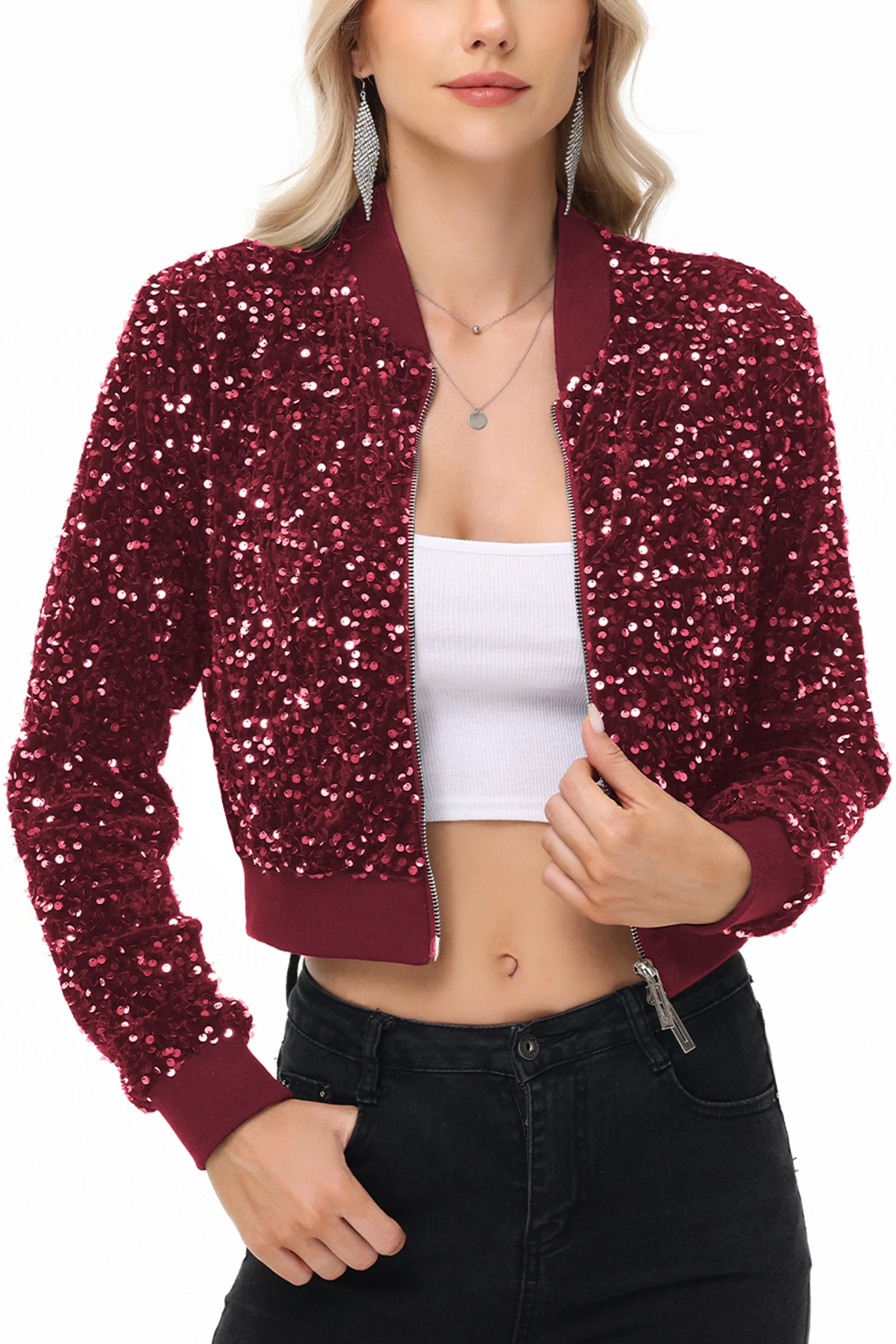 Anna-Kaci Women's Sparkly Sequin Jacket Cropped Two-Way-Zipper Glitter Party Club Bomber Jacket