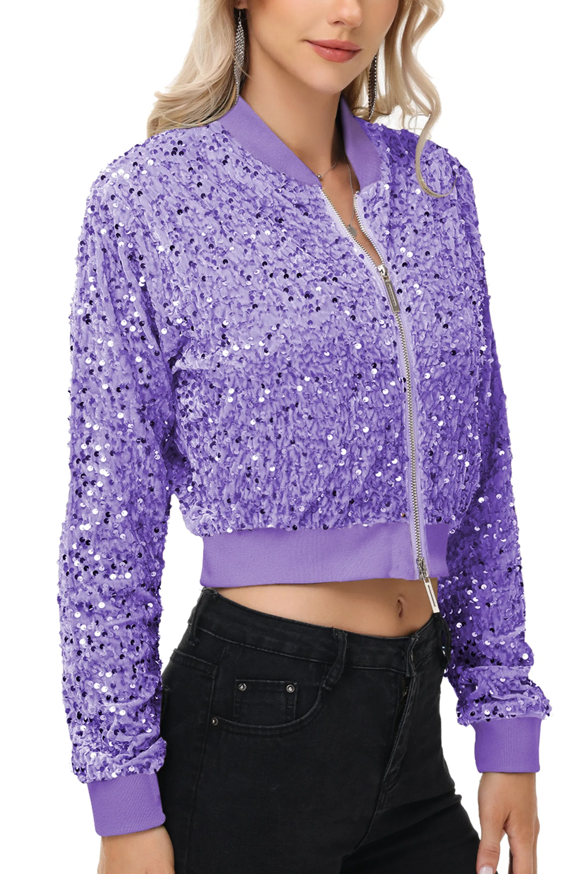 Anna-Kaci Women's Sparkly Sequin Jacket Cropped Two-Way-Zipper Glitter Party Club Bomber Jacket