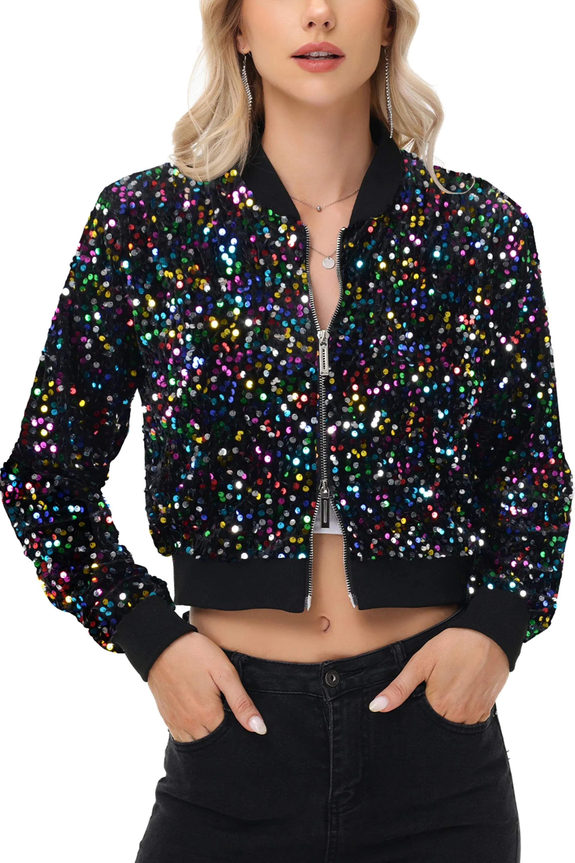 Anna-Kaci Women's Sparkly Sequin Jacket Cropped Two-Way-Zipper Glitter Party Club Bomber Jacket