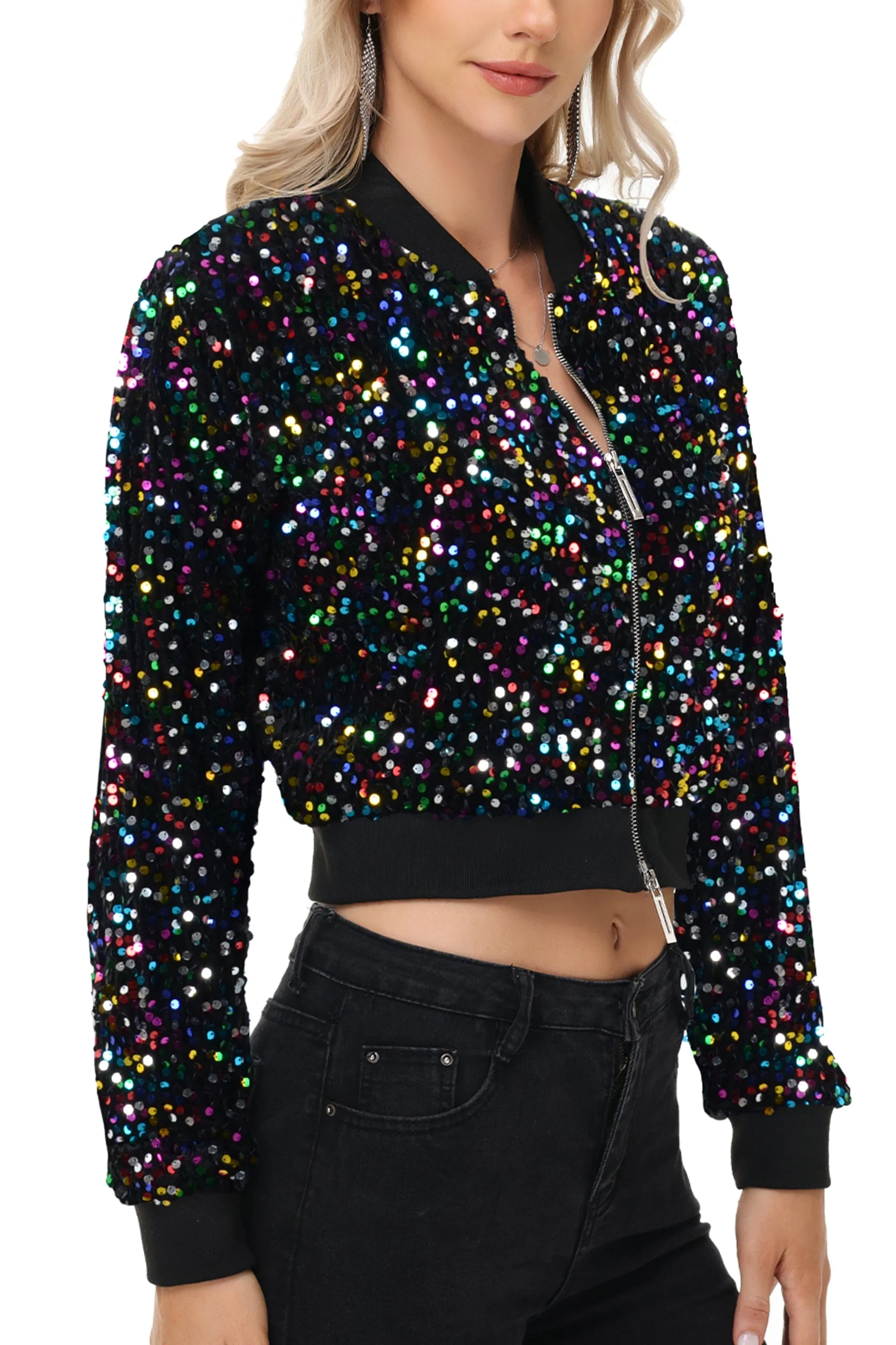 Anna-Kaci Women's Sparkly Sequin Jacket Cropped Two-Way-Zipper Glitter Party Club Bomber Jacket