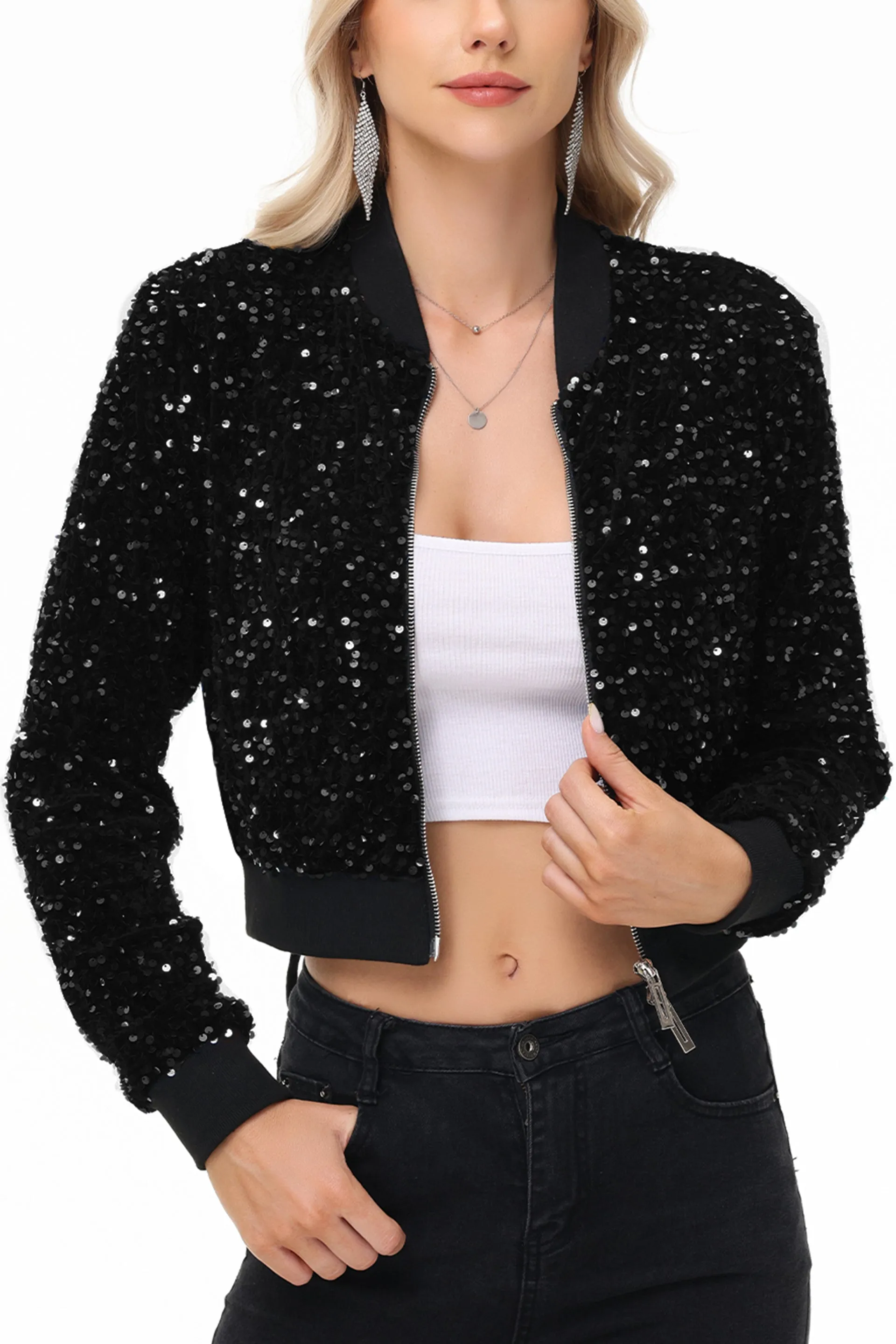 Anna-Kaci Women's Sparkly Sequin Jacket Cropped Two-Way-Zipper Glitter Party Club Bomber Jacket