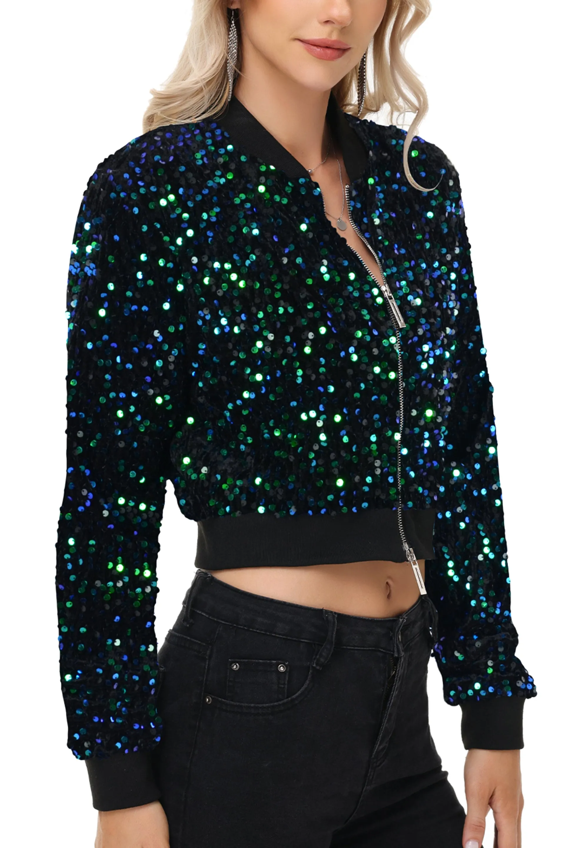 Anna-Kaci Women's Sparkly Sequin Jacket Cropped Two-Way-Zipper Glitter Party Club Bomber Jacket