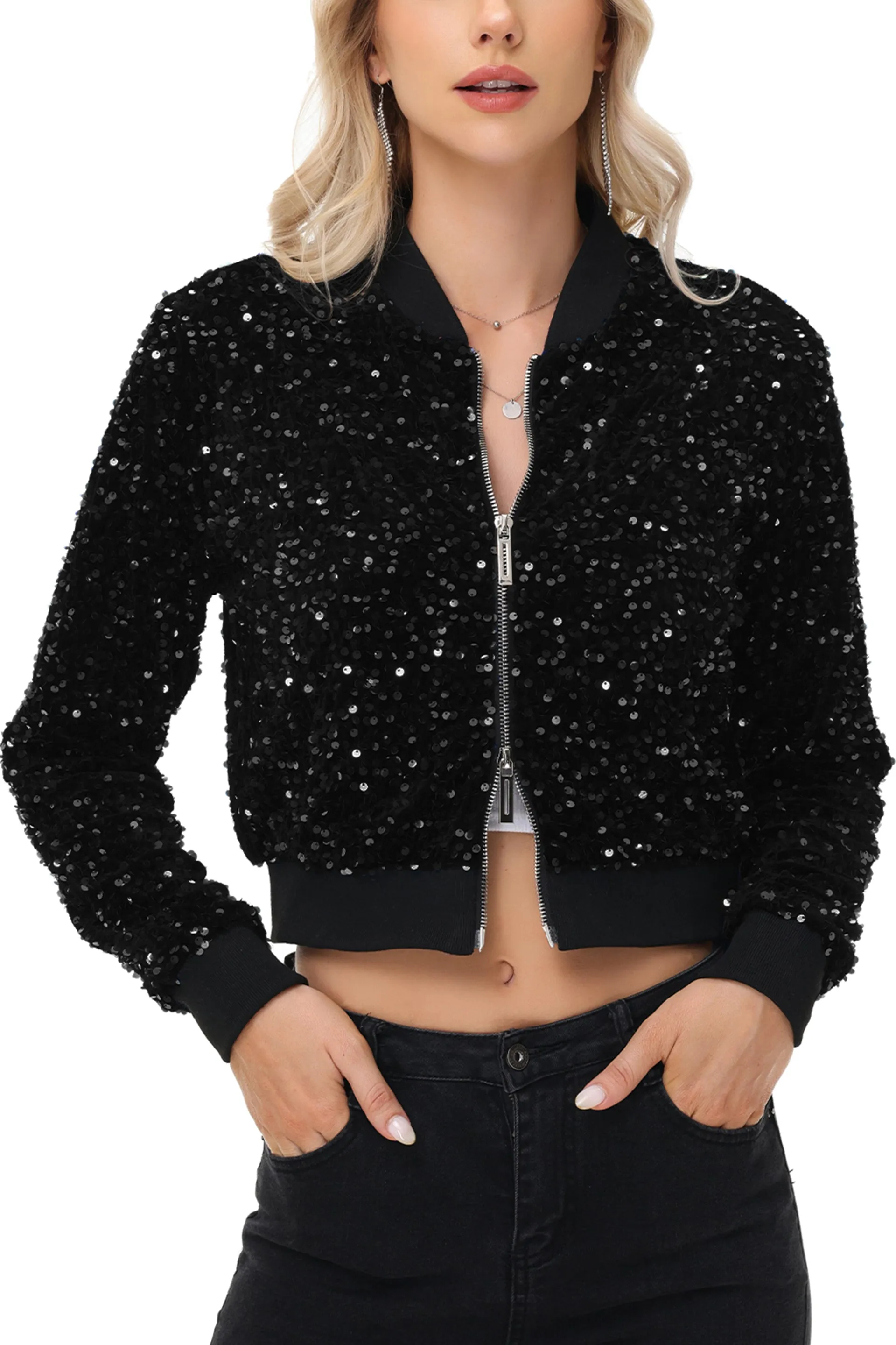 Anna-Kaci Women's Sparkly Sequin Jacket Cropped Two-Way-Zipper Glitter Party Club Bomber Jacket