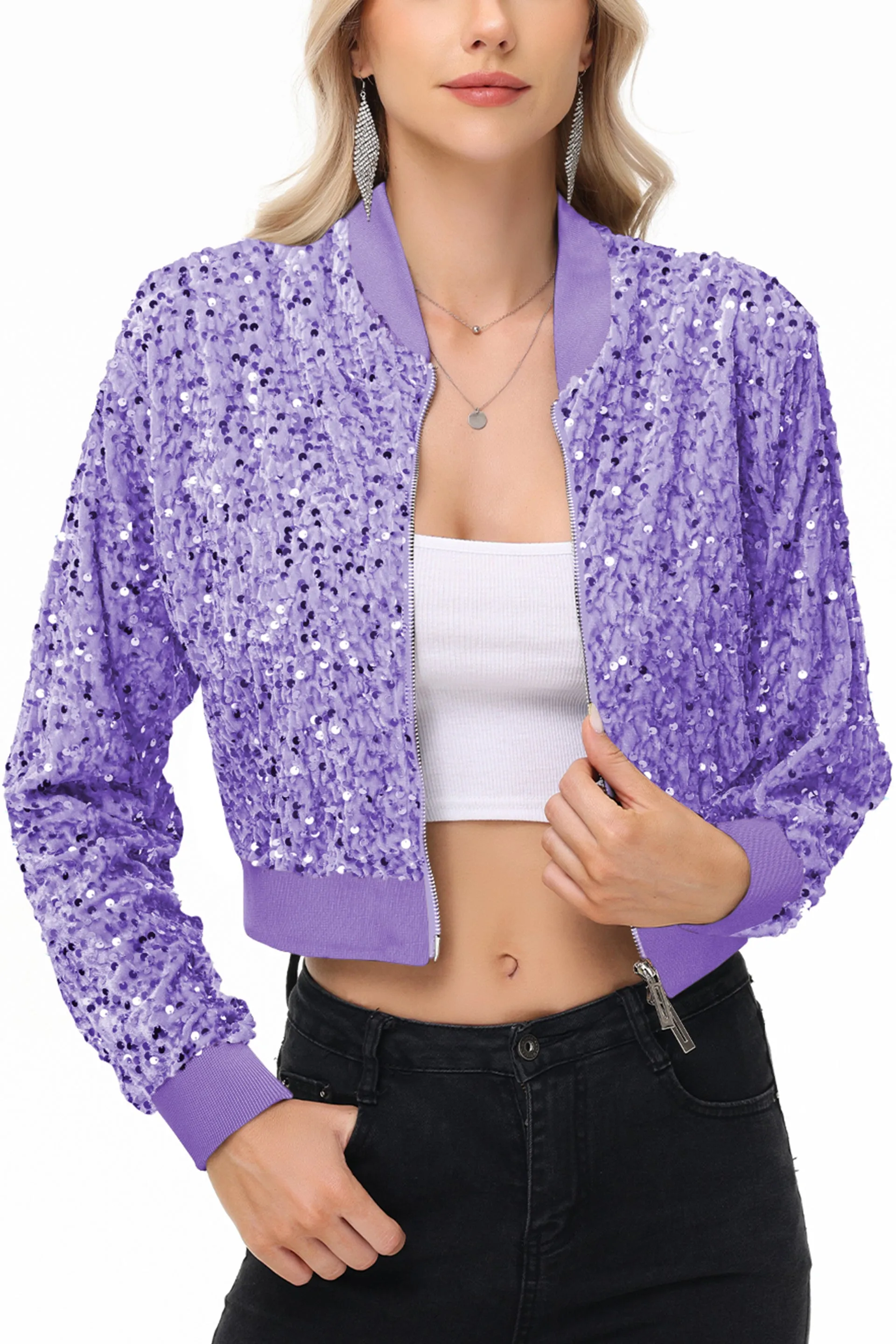 Anna-Kaci Women's Sparkly Sequin Jacket Cropped Two-Way-Zipper Glitter Party Club Bomber Jacket