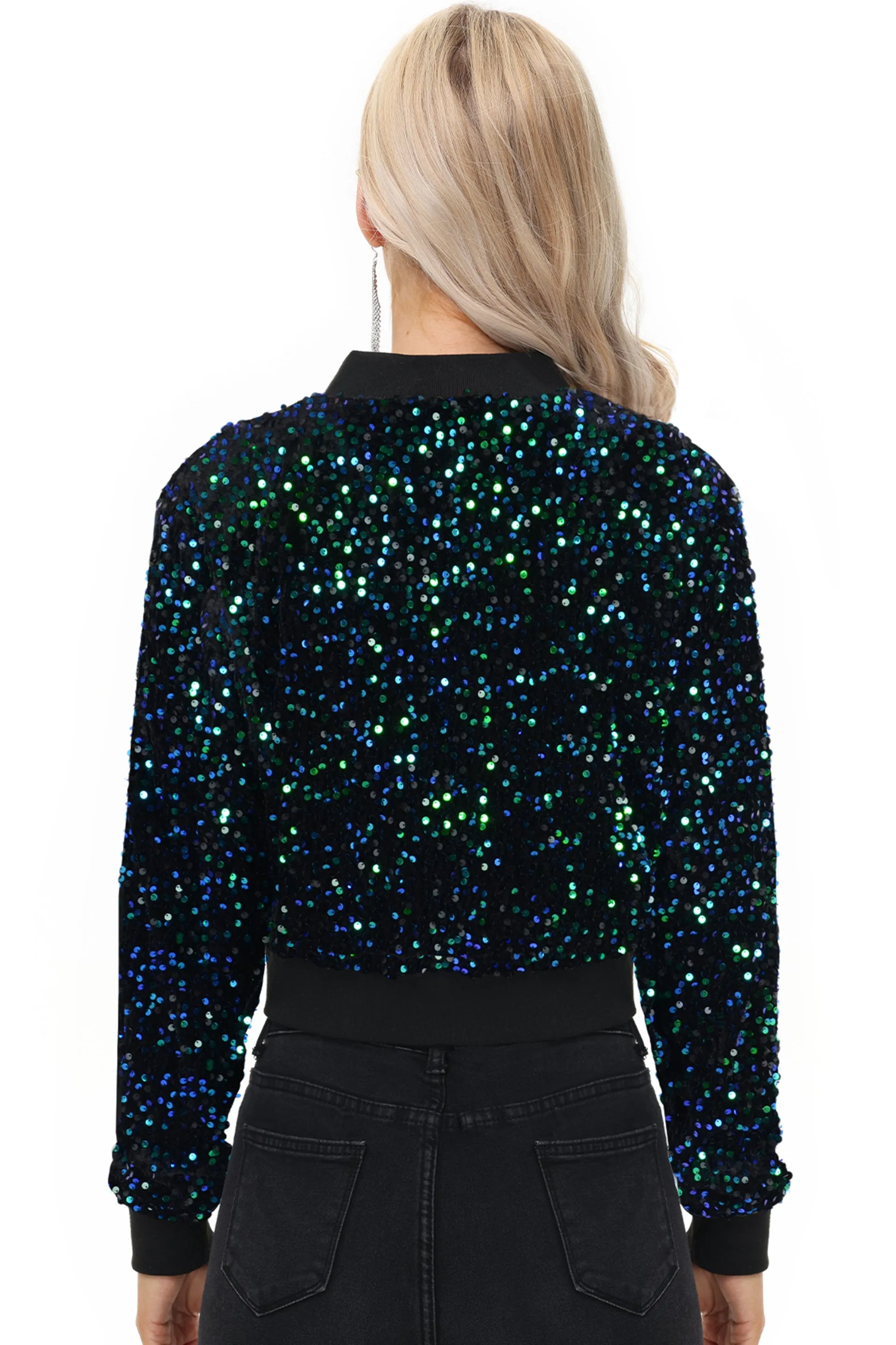 Anna-Kaci Women's Sparkly Sequin Jacket Cropped Two-Way-Zipper Glitter Party Club Bomber Jacket