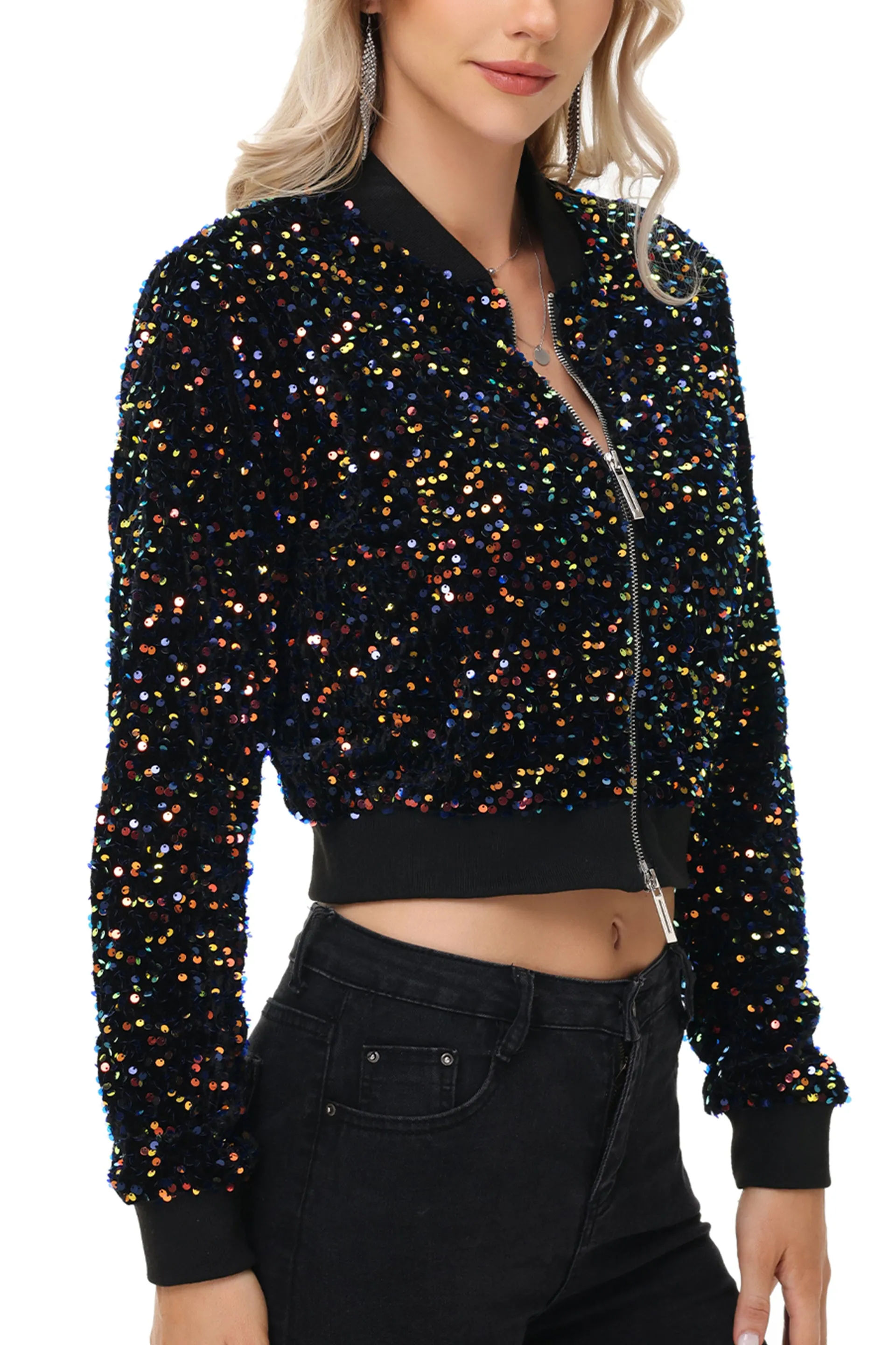 Anna-Kaci Women's Sparkly Sequin Jacket Cropped Two-Way-Zipper Glitter Party Club Bomber Jacket