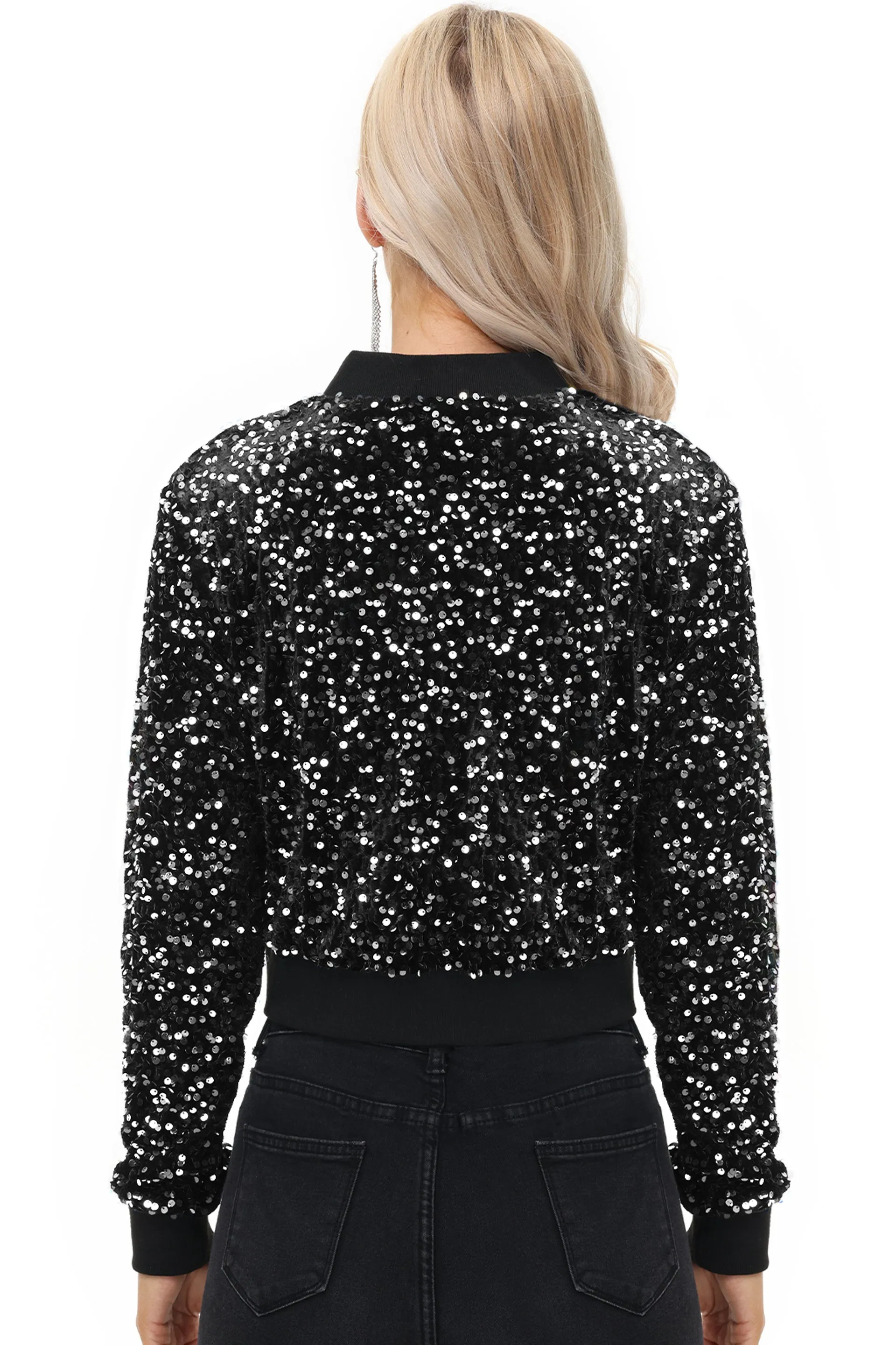 Anna-Kaci Women's Sparkly Sequin Jacket Cropped Two-Way-Zipper Glitter Party Club Bomber Jacket