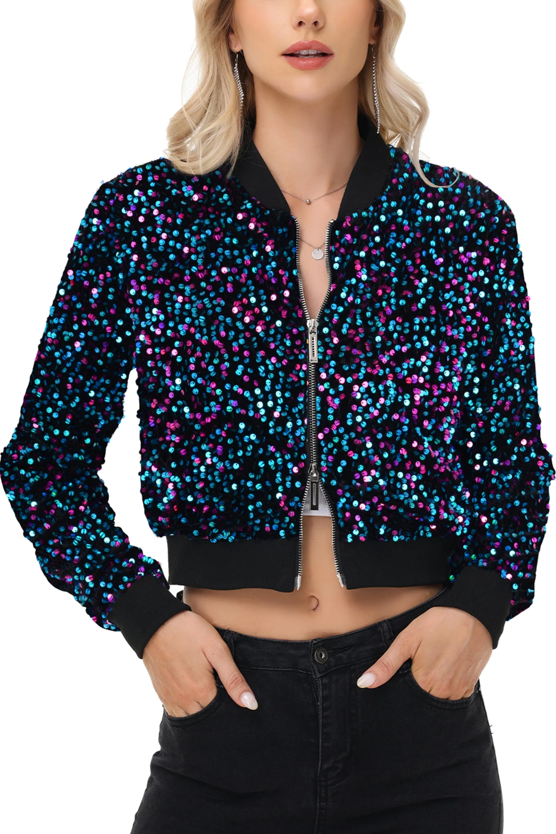 Anna-Kaci Women's Sparkly Sequin Jacket Cropped Two-Way-Zipper Glitter Party Club Bomber Jacket