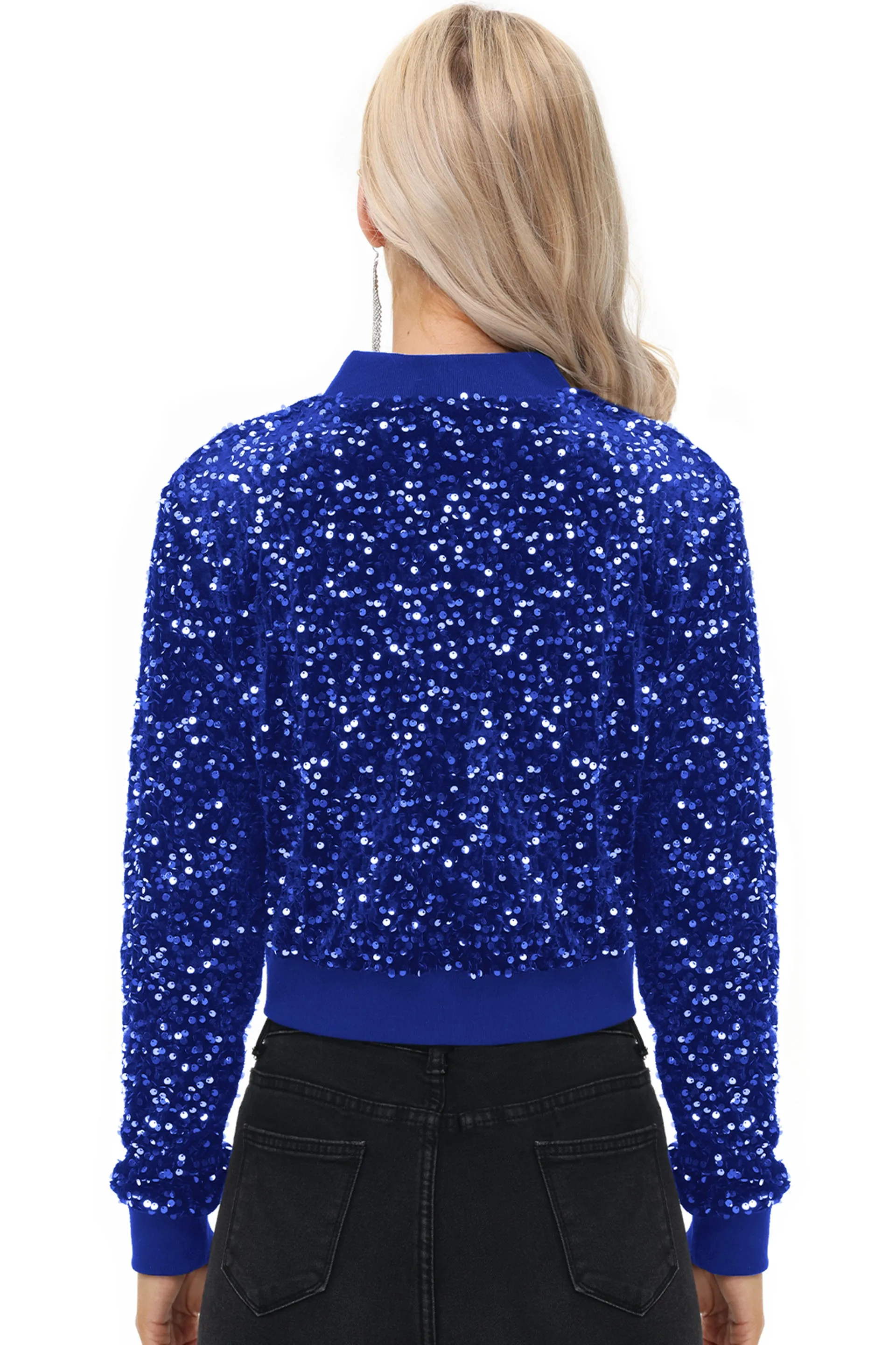 Anna-Kaci Women's Sparkly Sequin Jacket Cropped Two-Way-Zipper Glitter Party Club Bomber Jacket