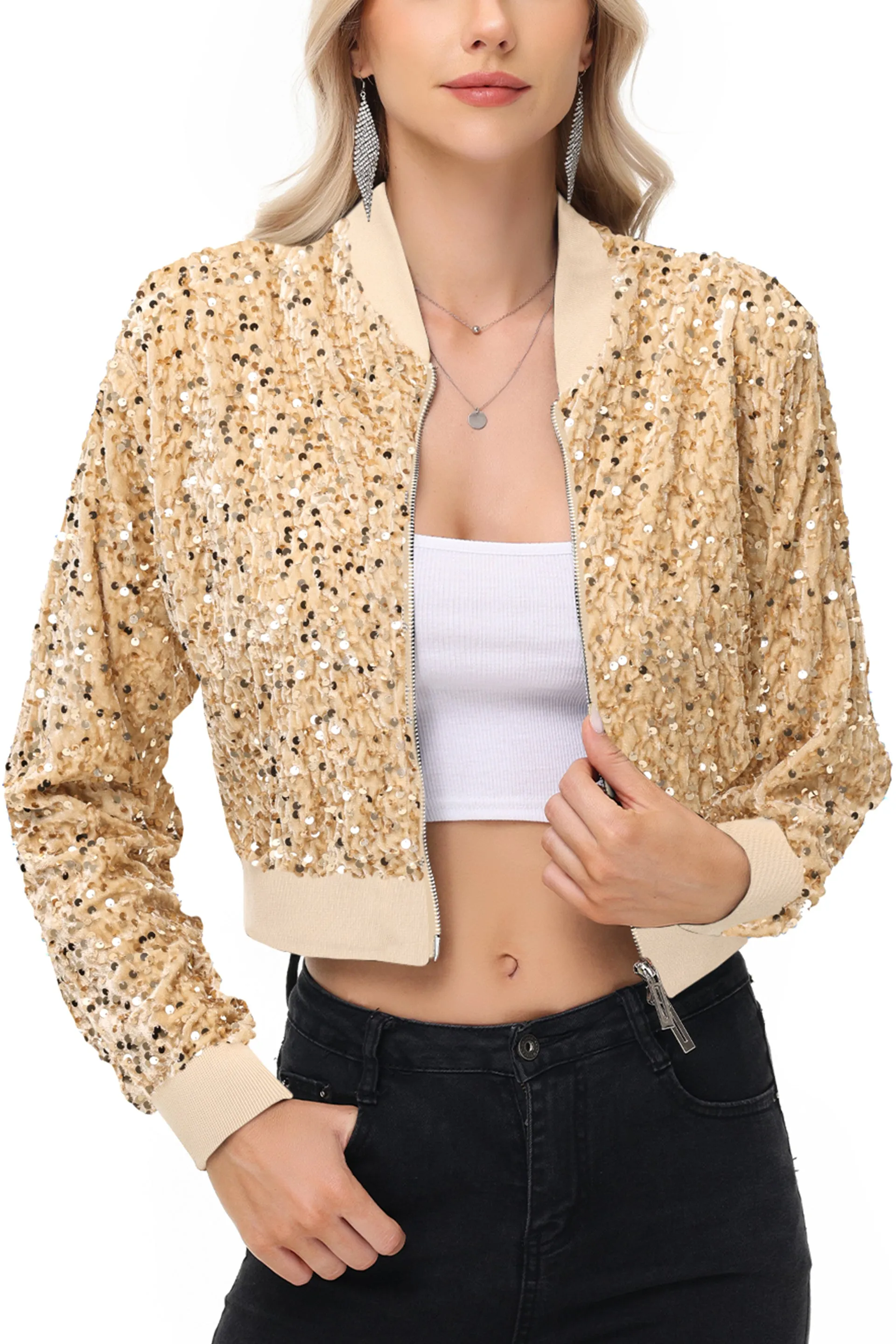 Anna-Kaci Women's Sparkly Sequin Jacket Cropped Two-Way-Zipper Glitter Party Club Bomber Jacket