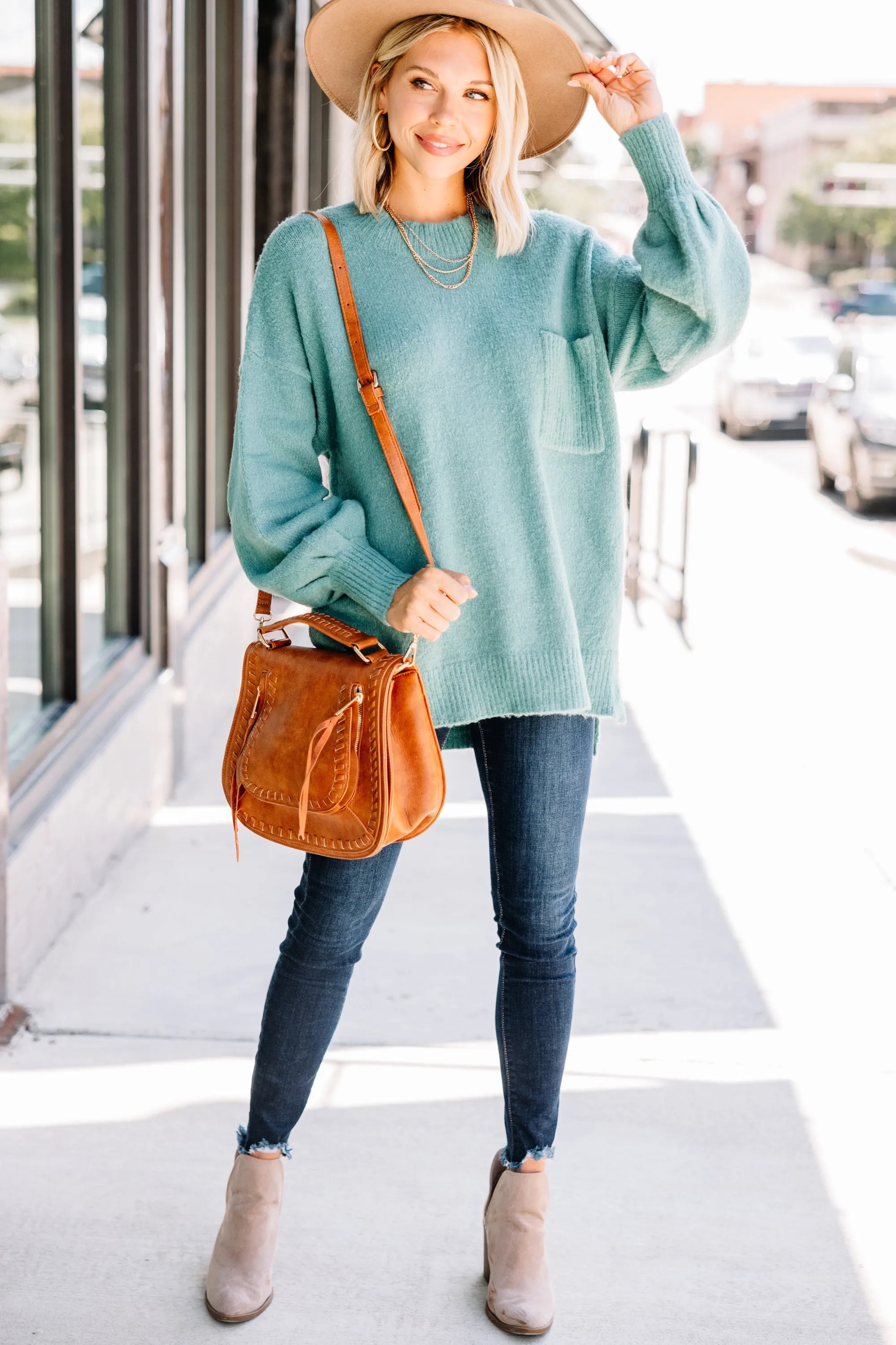 As It Happens Sage Green Bubble Sleeve Sweater