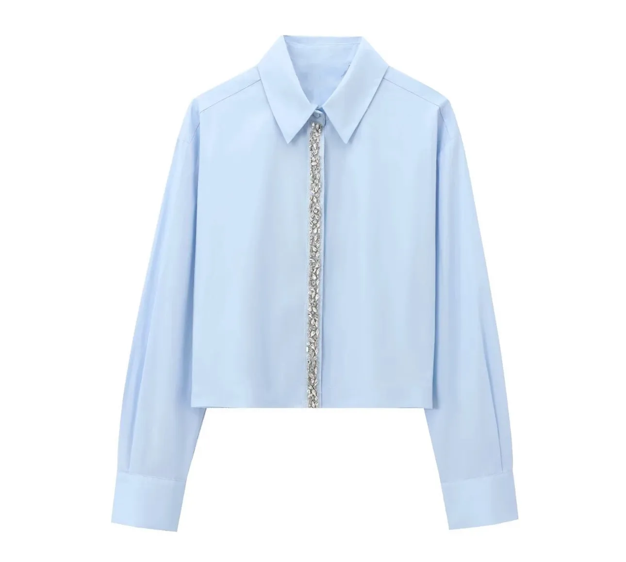 Baby blue Elegant Crystal-Trimmed Cropped Shirt