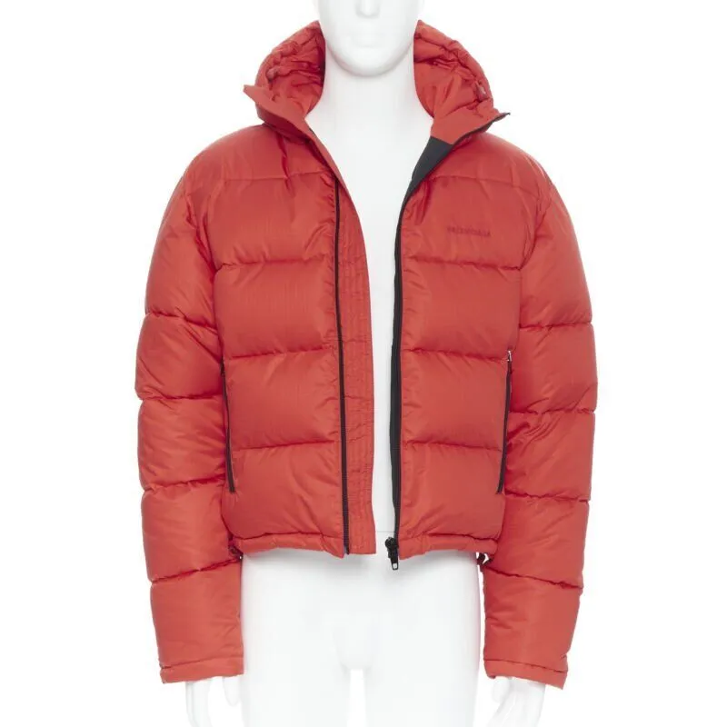 BALENCIAGA DEMNA red grid nylon logo cropped zip down puffer jacket EU50 L