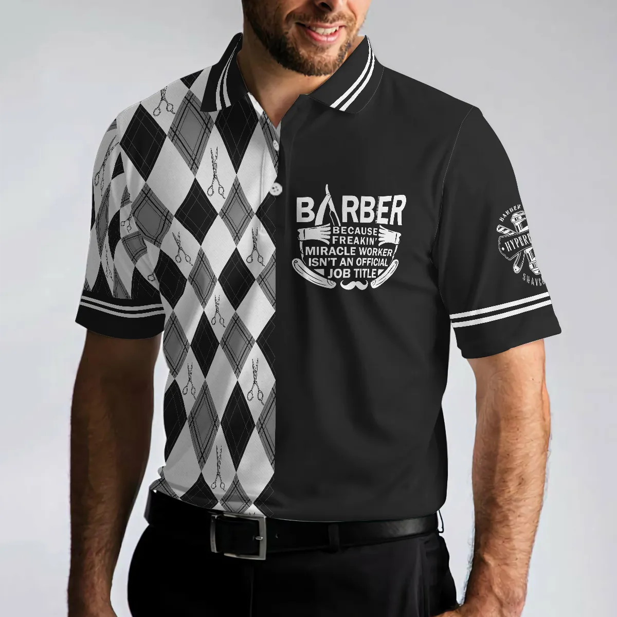 Barber Because Freakin' Miracle Worker Isn't An Official Job Title Polo Shirt, Harlequin Pattern Polo Shirt, Best Barber Shirt For Men