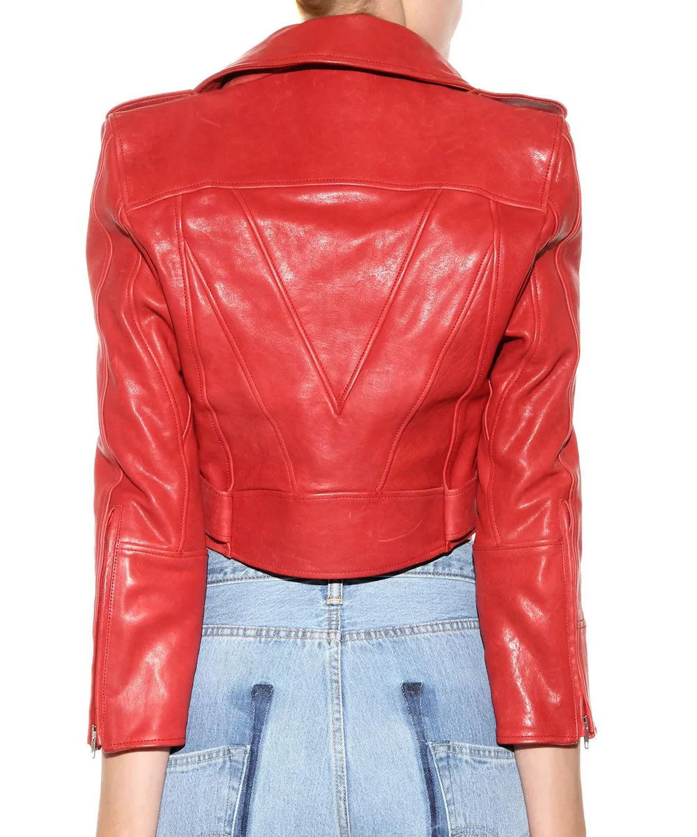 Bebe Rexha The Way I Are Red Cropped Leather Jacket | Women Celebrity Leather Jacket