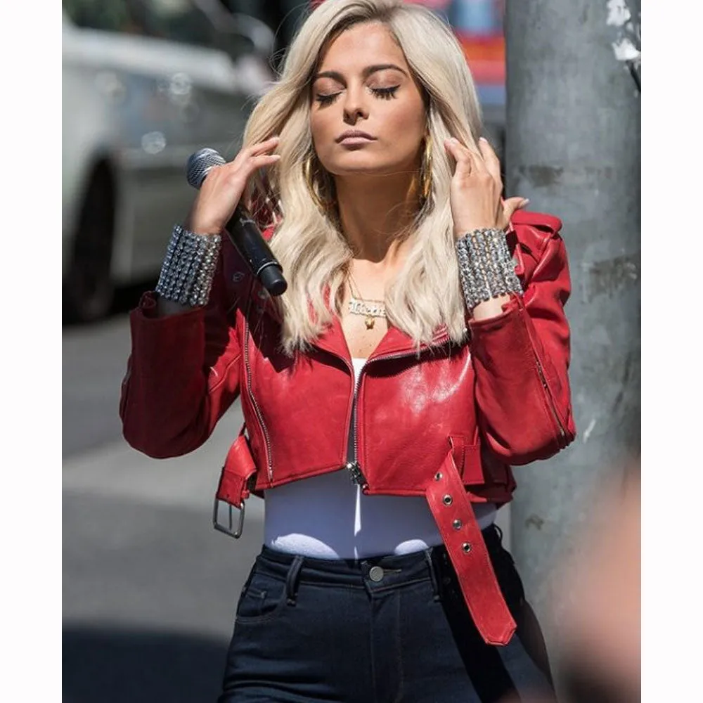 Bebe Rexha The Way I Are Red Cropped Leather Jacket | Women Celebrity Leather Jacket